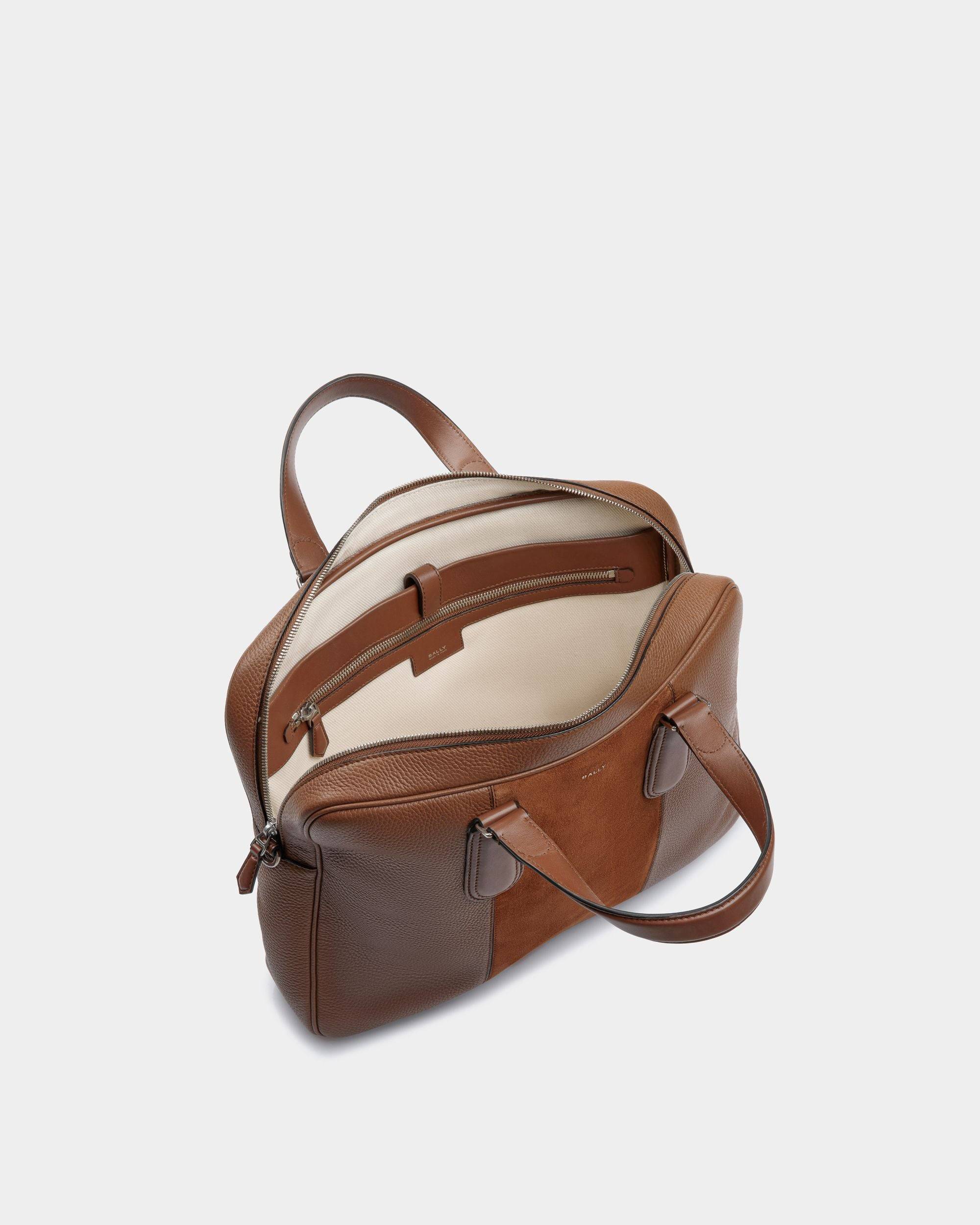 Spin | Men's Briefcase in Brown Leather | Bally | Still Life Open / Inside