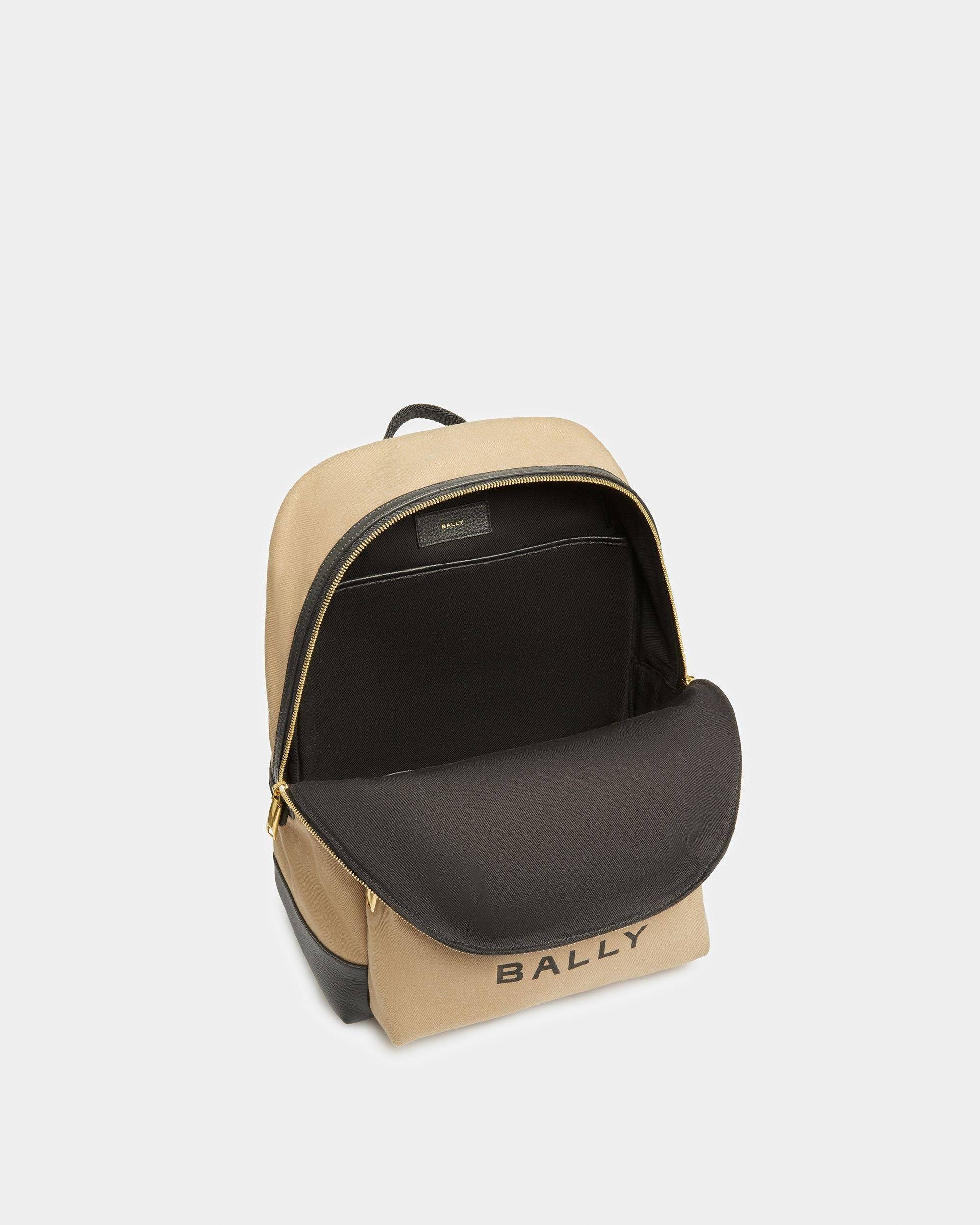 Treck | Men's Backpack | Sand And Black Fabric And Leather | Bally | Still Life Open / Inside