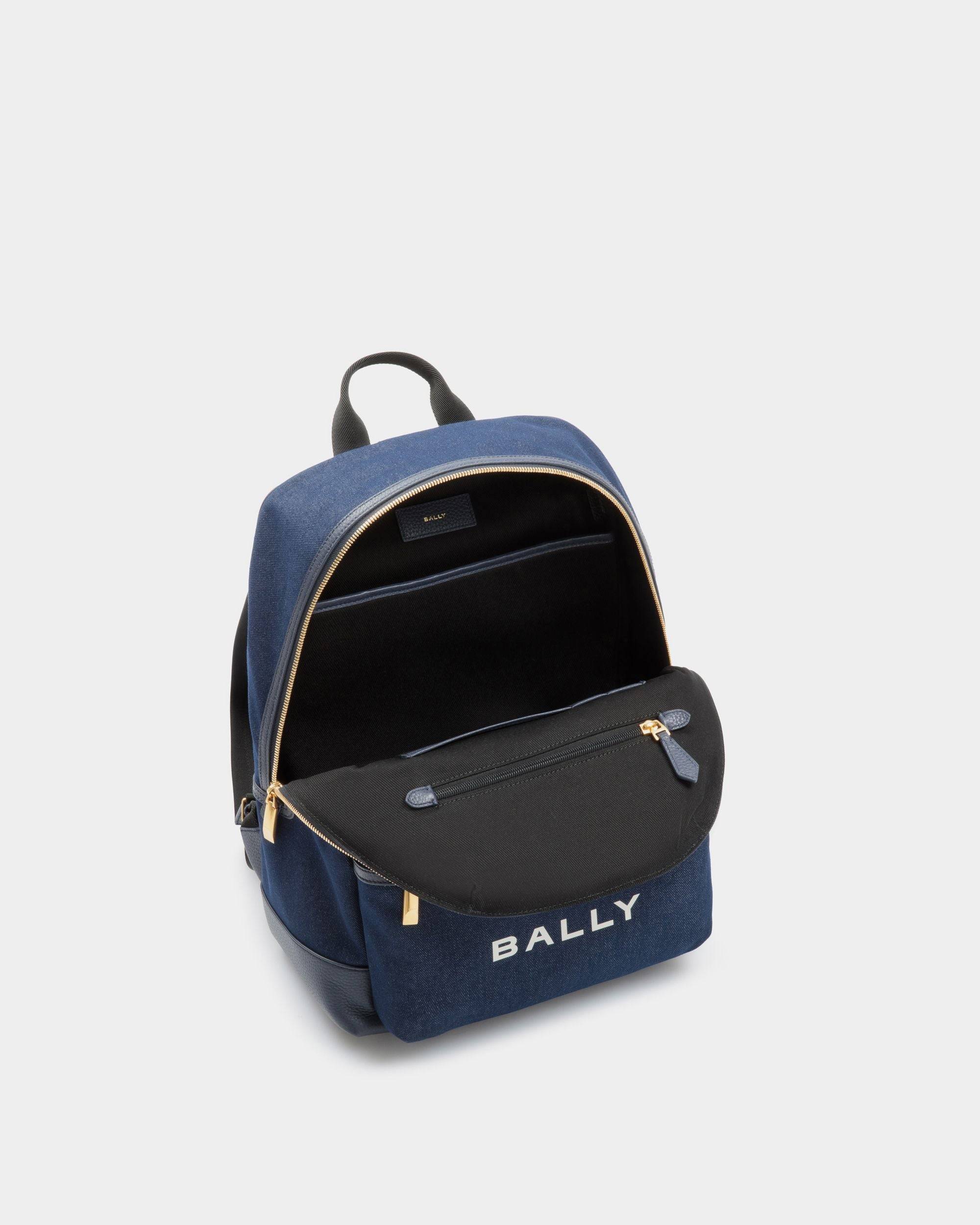 Bar | Men's Backpack in Blue Canvas And Leather | Bally | Still Life Open / Inside