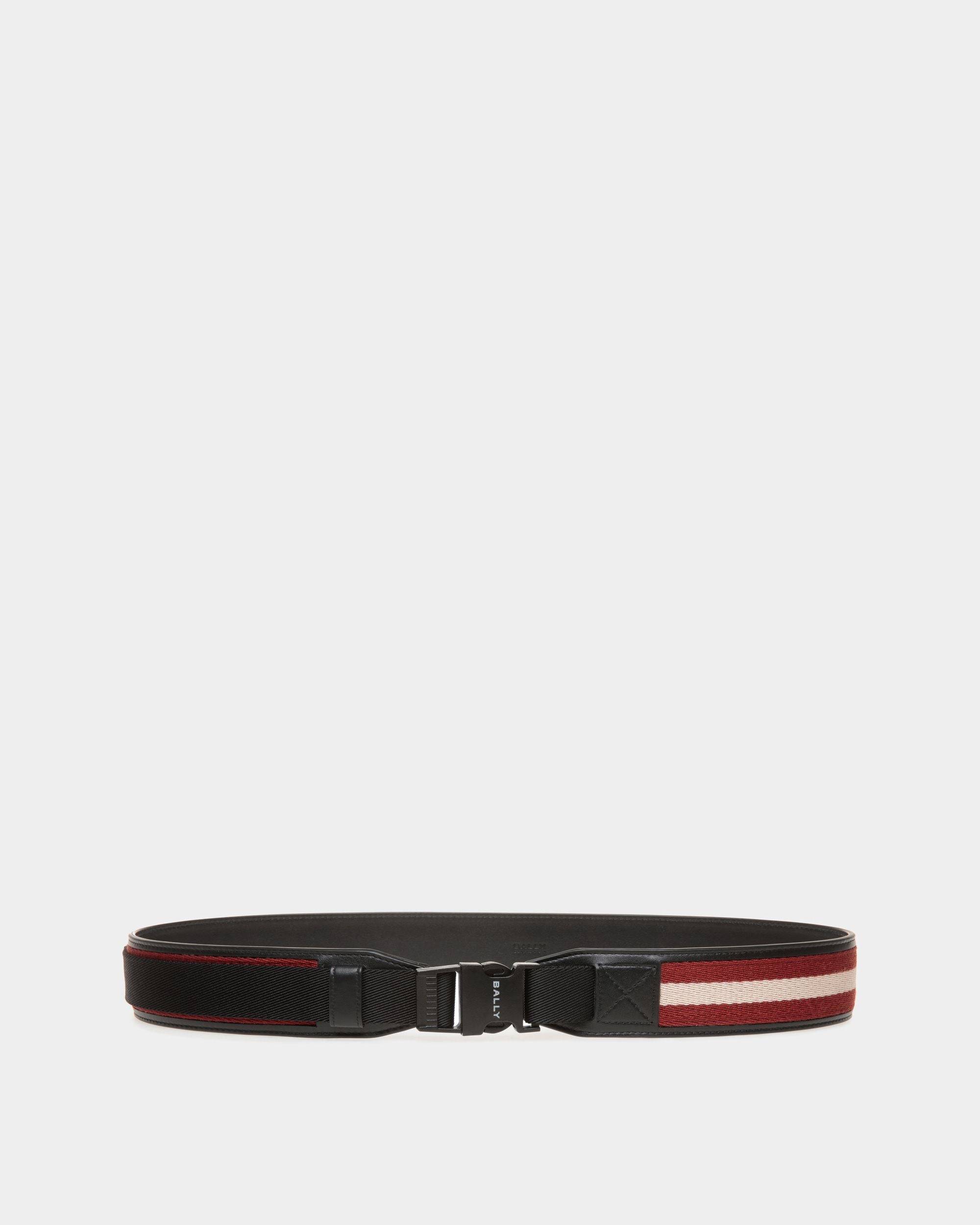 Tobyn 40mm | Men's Belt in Red, White and Black Fabric and Leather | Bally | Still Life Front