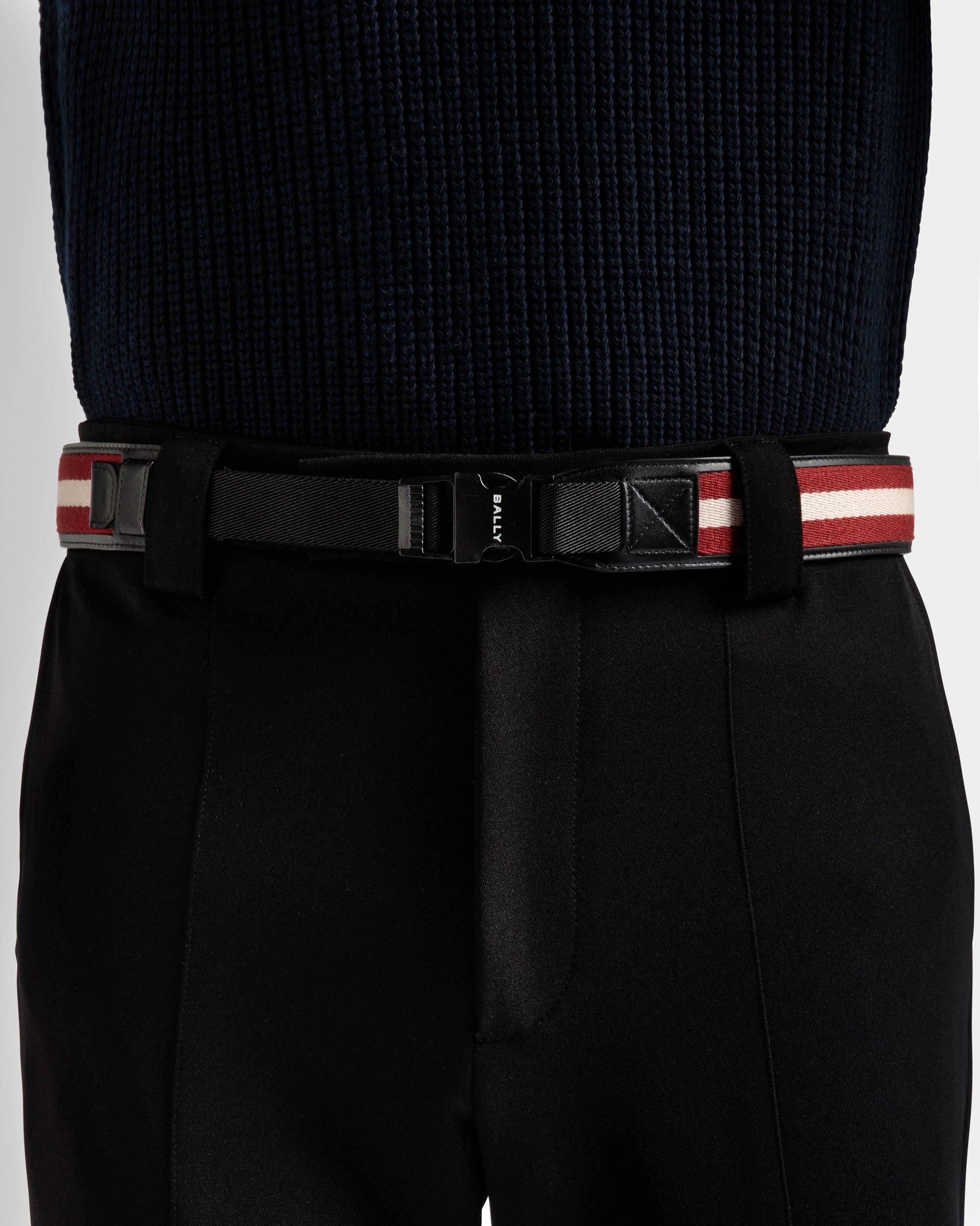 Tobyn 40mm | Men's Belt in Red, White and Black Fabric and Leather | Bally | On Model Front