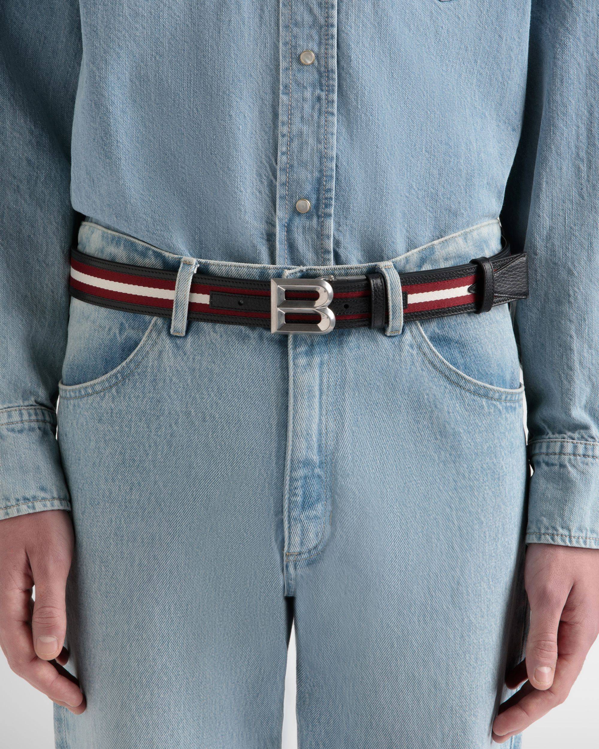 B Bold 35mm | Men's Reversible Belt in Red White Red Fabric And Leather | Bally | On Model Front