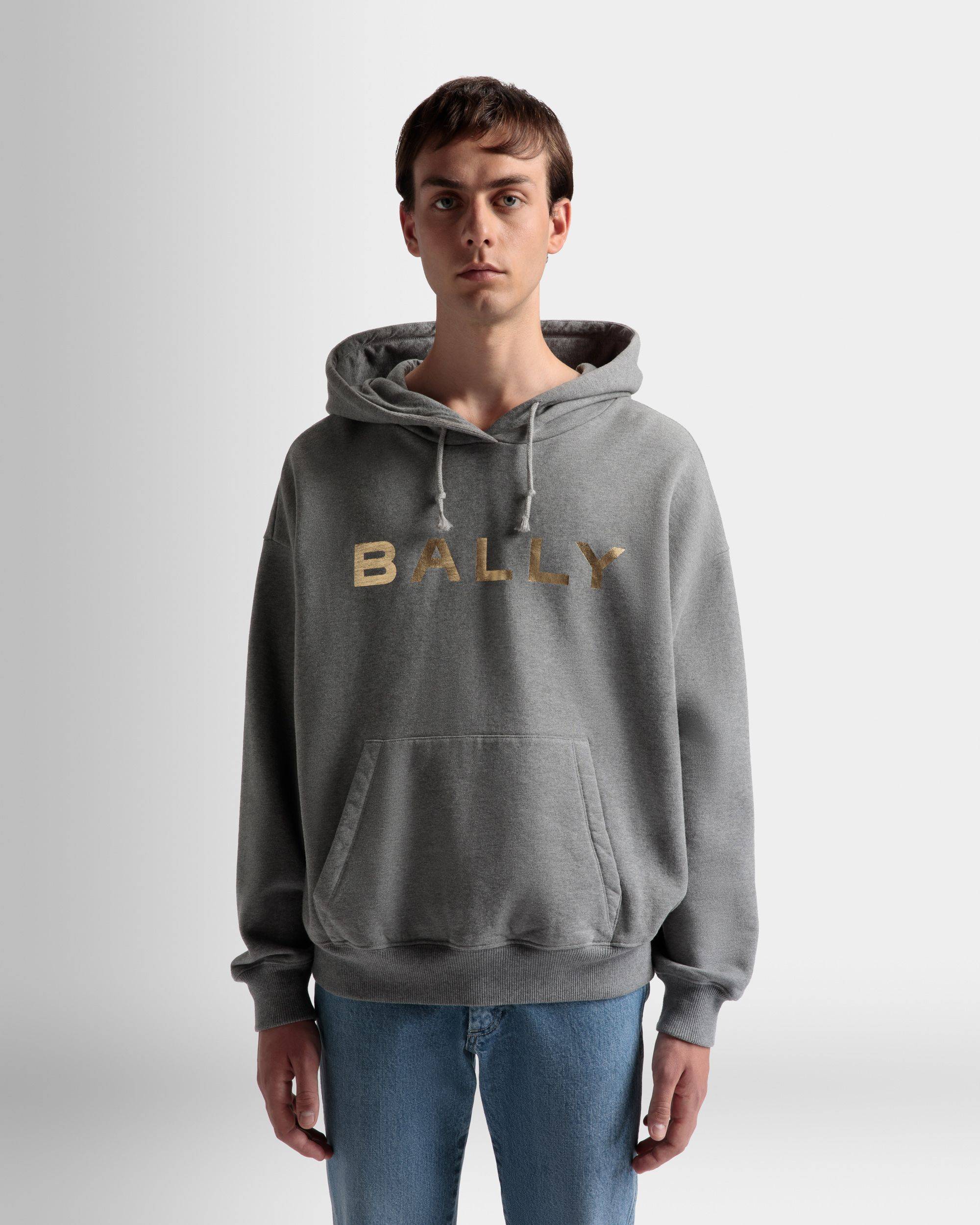 Logo Hooded Sweatshirt | Men's Sweatshirt | Grey Melange Cotton | Bally | On Model Close Up