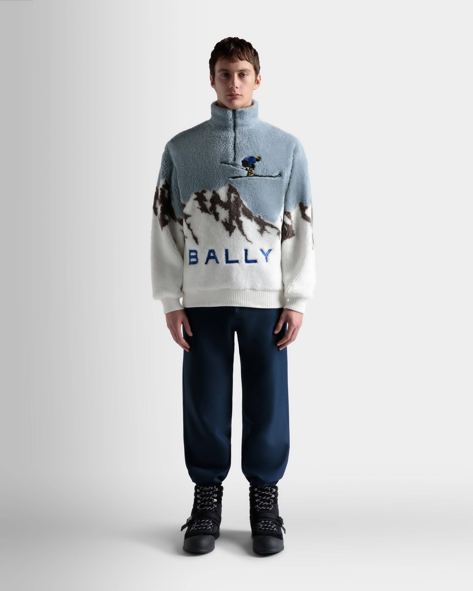 Men's Sweatshirt in Light Blue And White Sherpa Fleece| Bally | On Model Front