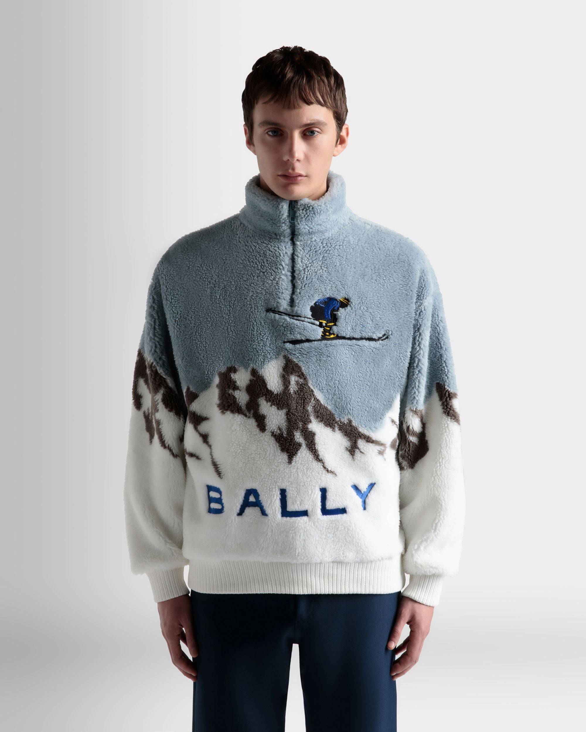 Men's Sweatshirt in Light Blue And White Sherpa Fleece| Bally | On Model Close Up