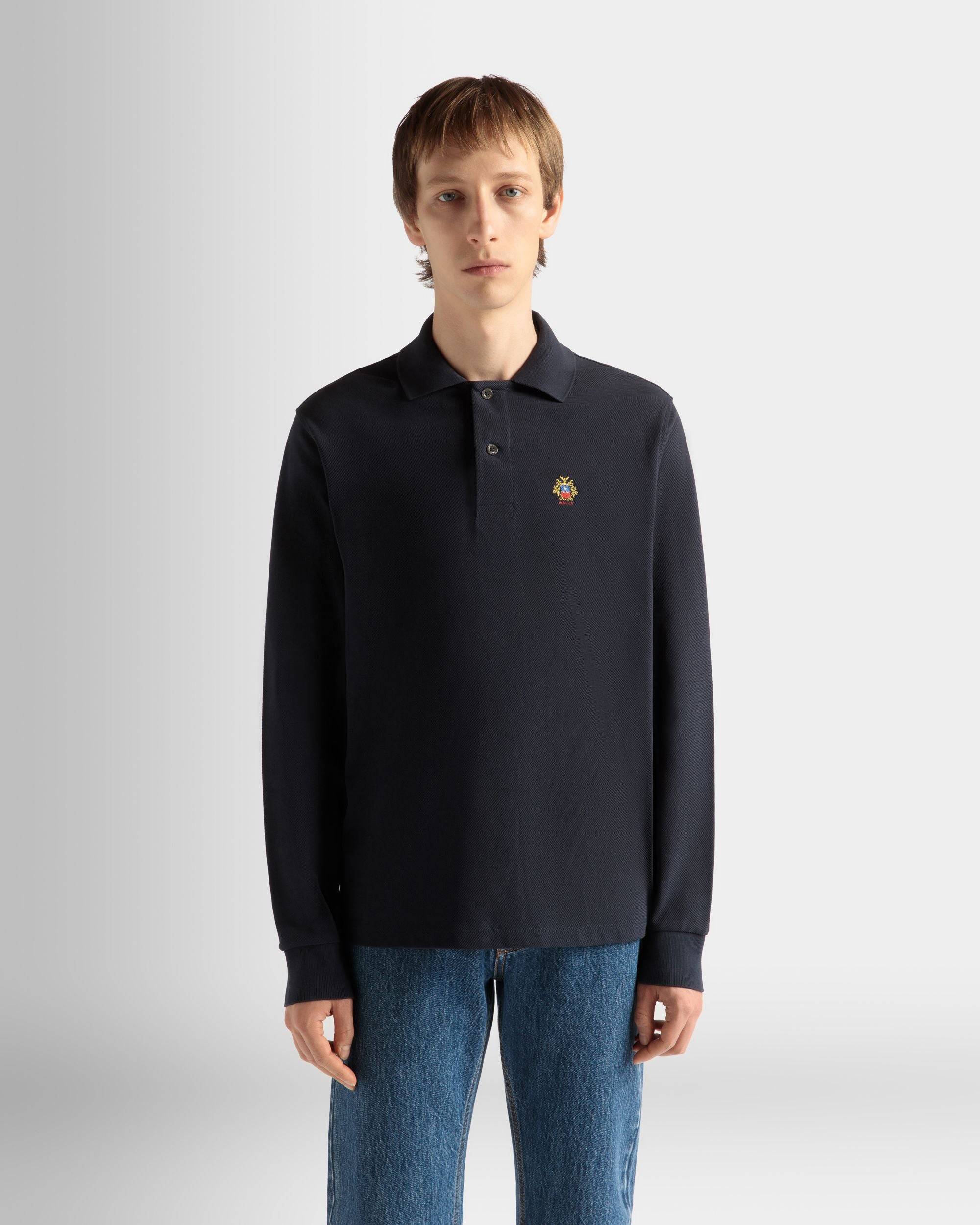 Long Sleeve Polo Shirt in Navy Blue Cotton - Men's - Bally - 03