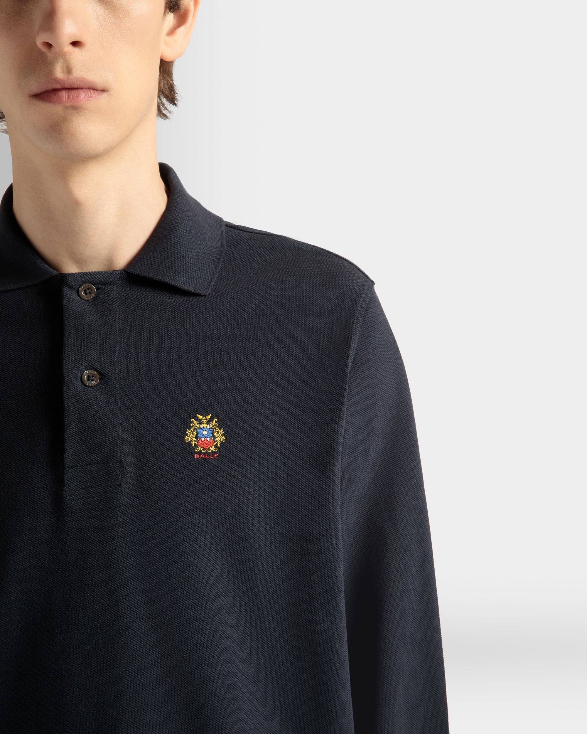 Men's Long Sleeve Polo Shirt in Navy Blue Cotton | Bally | On Model Detail
