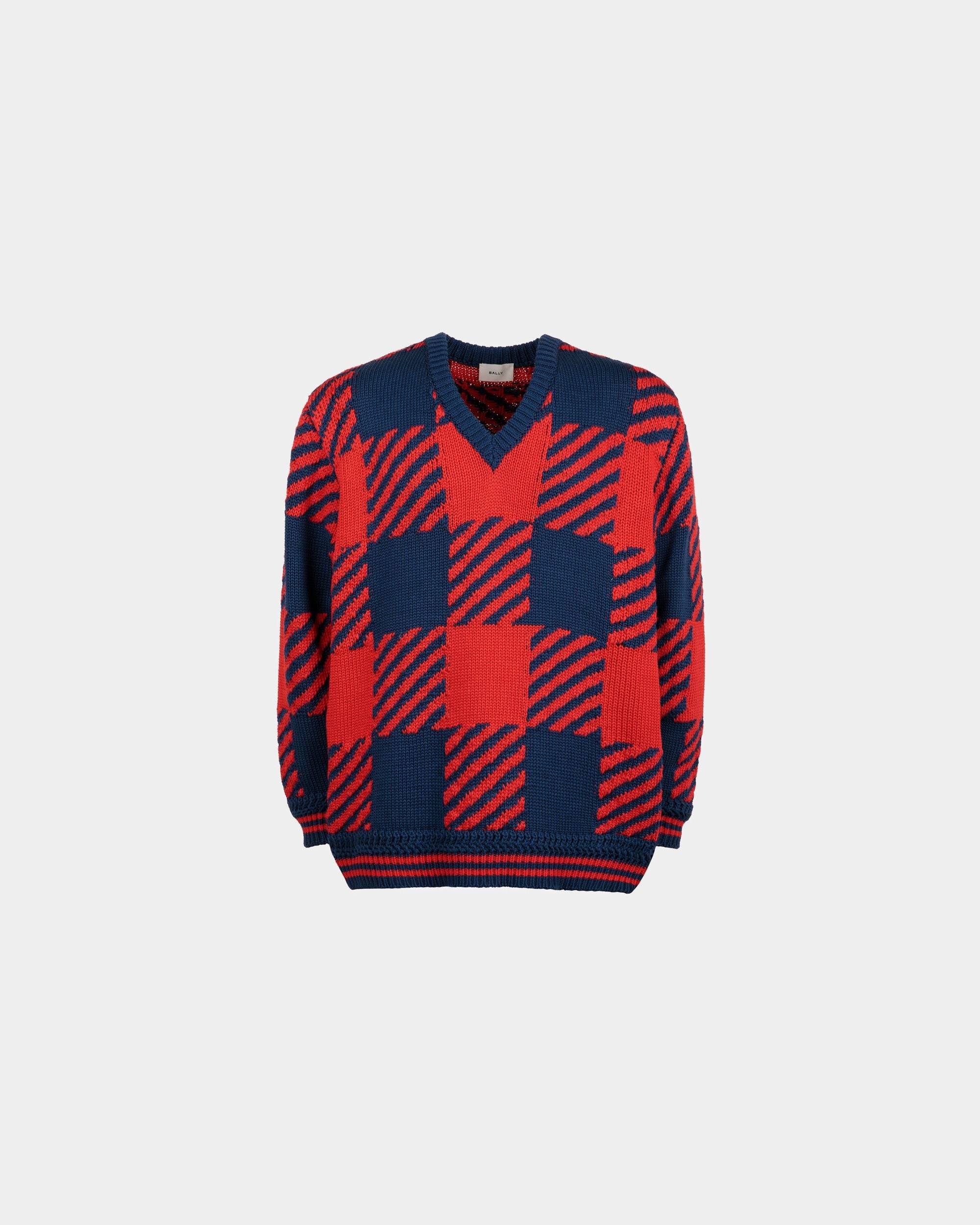 Men's V-Neck Sweater in Red and Blue Cotton | Bally | Still Life Front