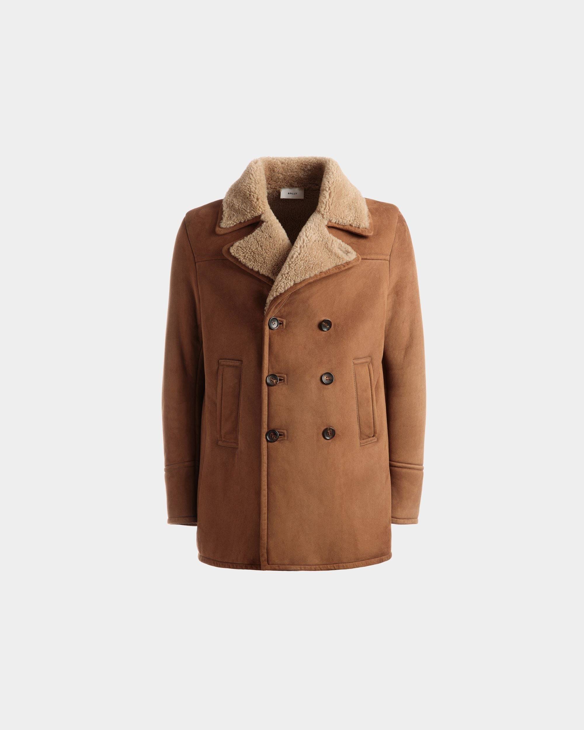 Double Breasted Shearling Coat | Men's Outerwear | Brown Suede | Bally | Still Life Front