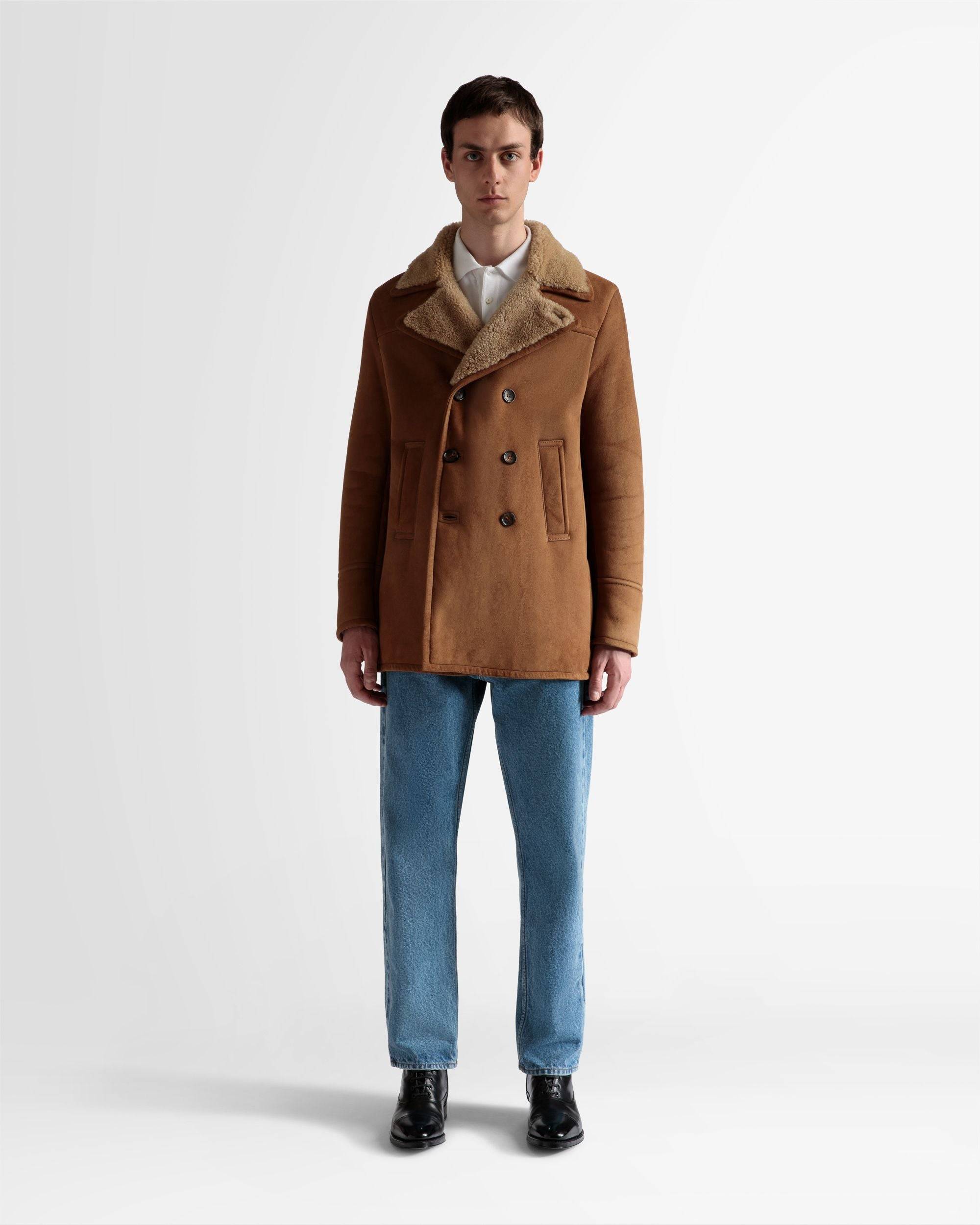 Double Breasted Shearling Coat | Men's Outerwear | Brown Suede | Bally | On Model Front