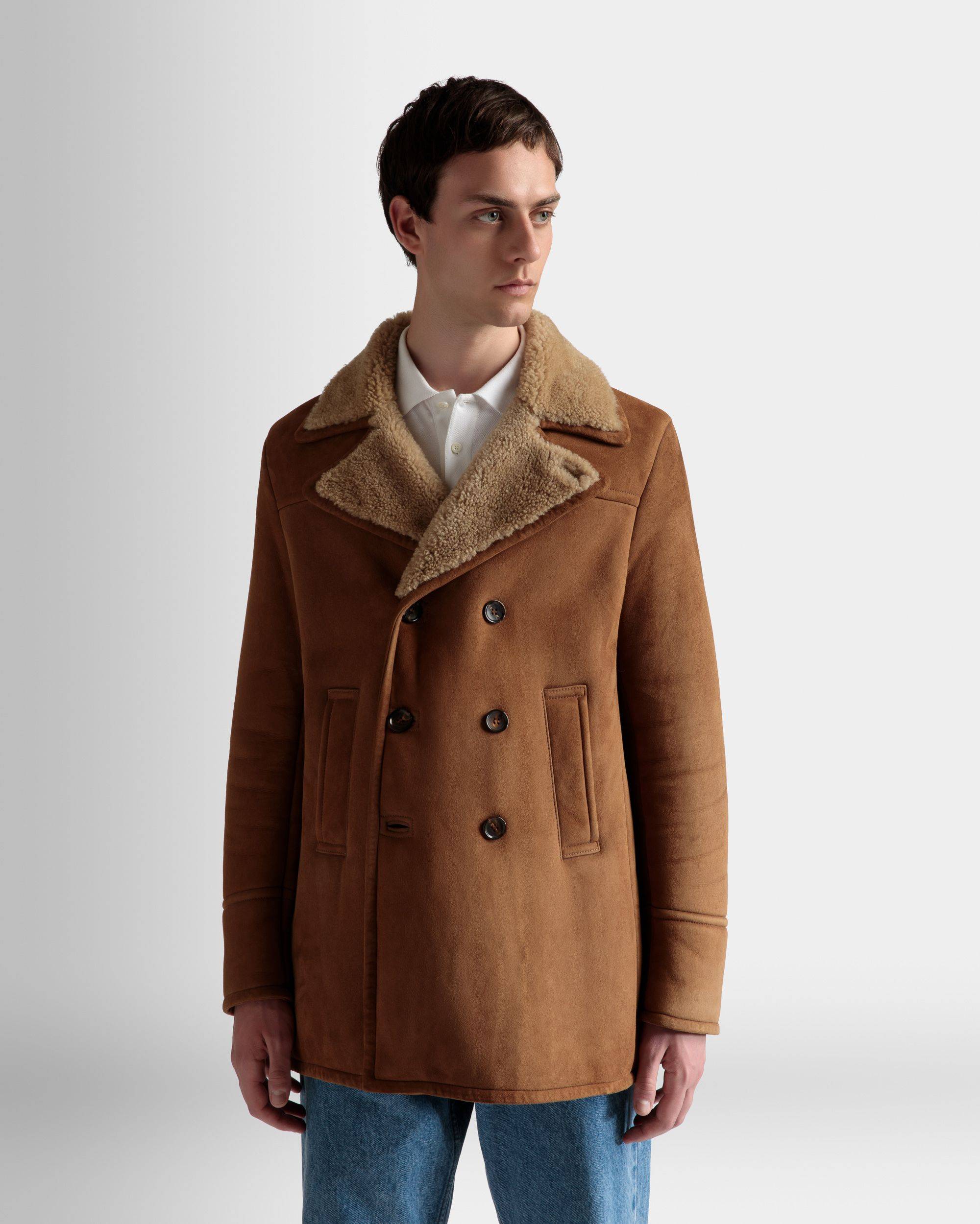 Double Breasted Shearling Coat | Men's Outerwear | Brown Suede | Bally | On Model Close Up
