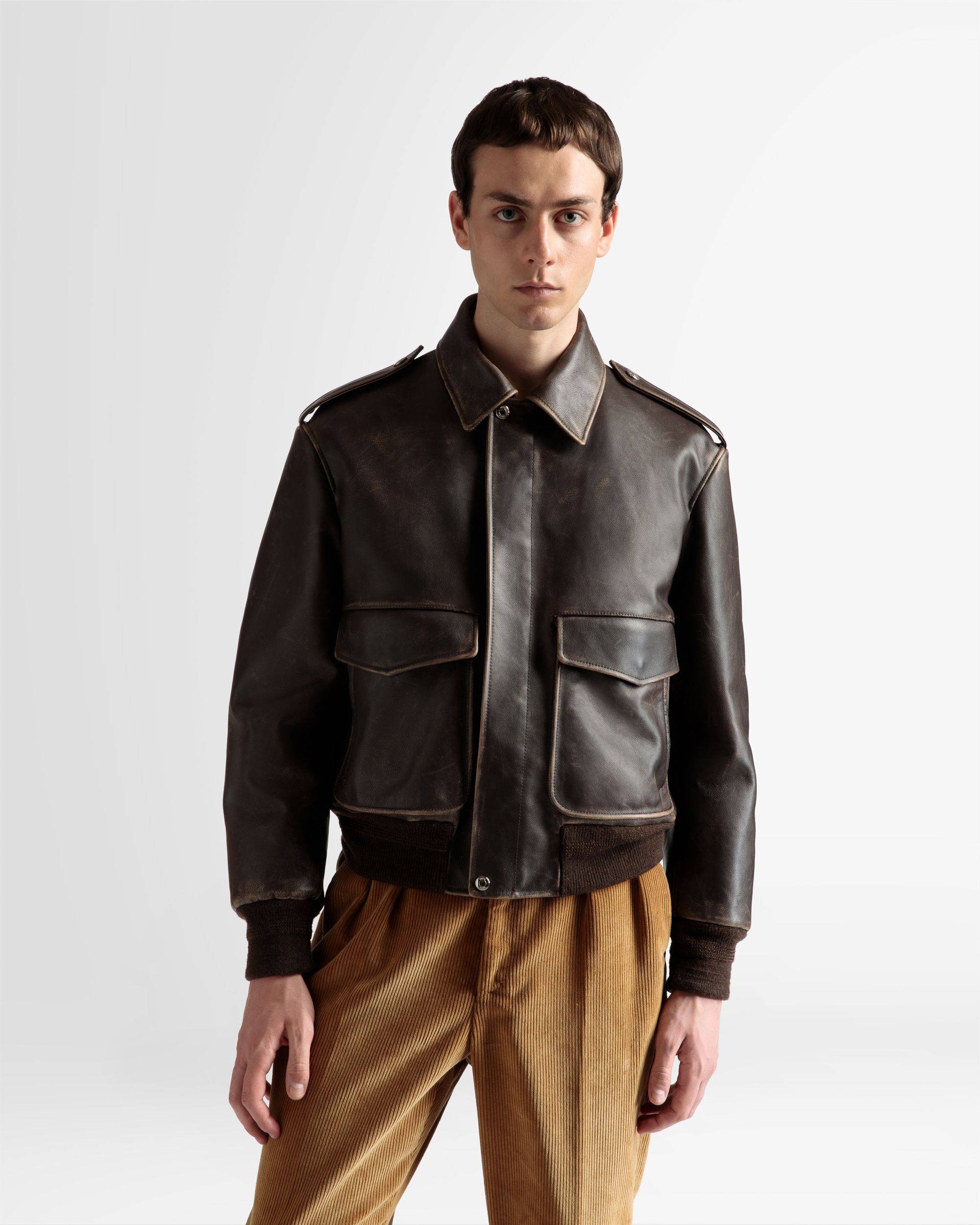 Bomber Jacket | Men's Jacket | Brown Leather | Bally | On Model Close Up