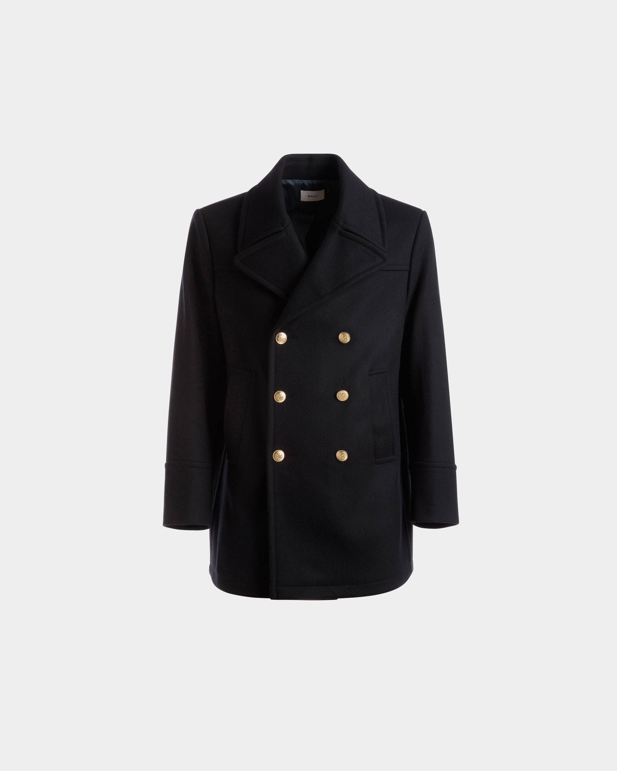 Double Breasted Coat | Men's Outerwear | Navy Wool Mix | Bally | Still Life Front