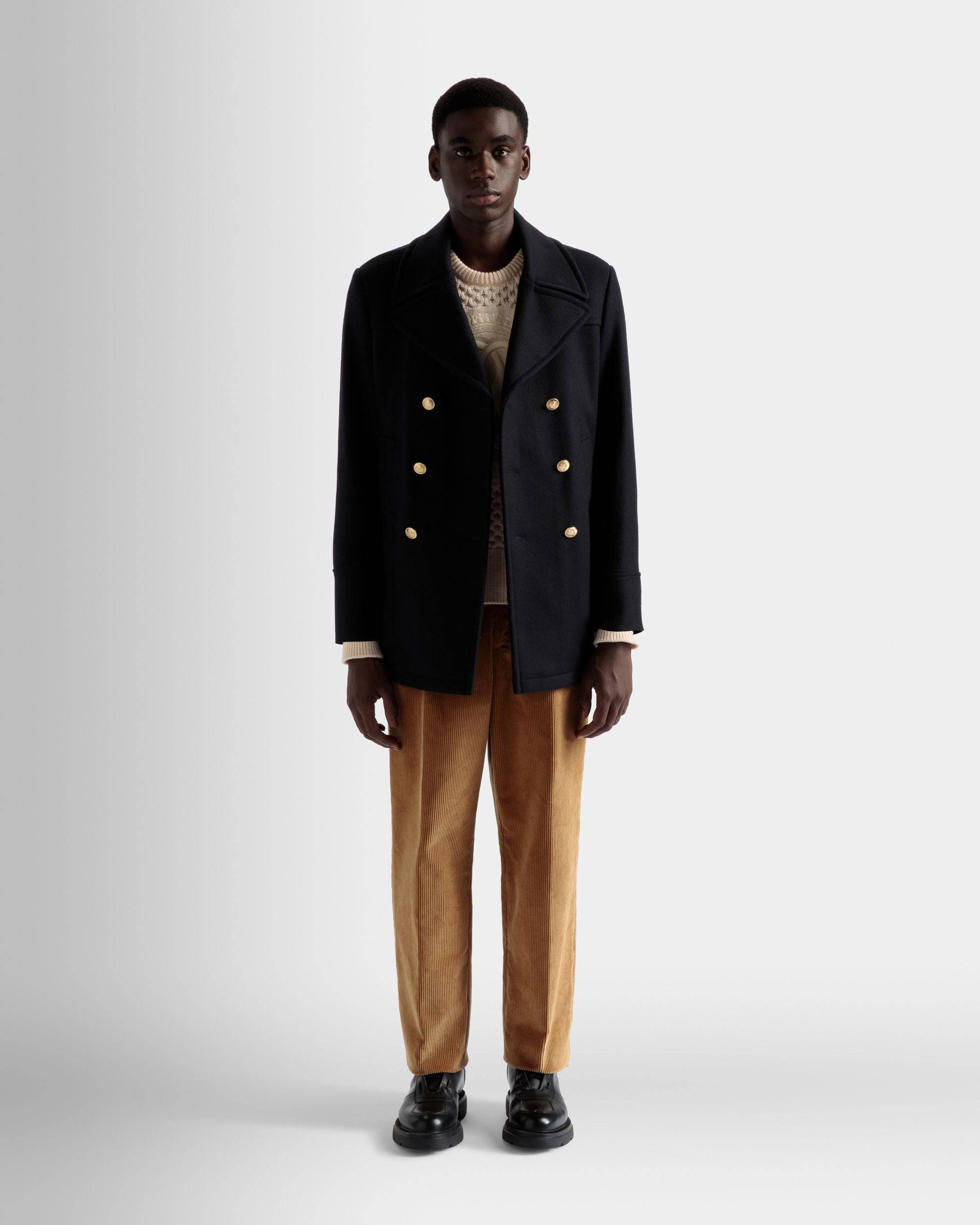 Double Breasted Coat | Men's Outerwear | Navy Wool Mix | Bally | On Model Front