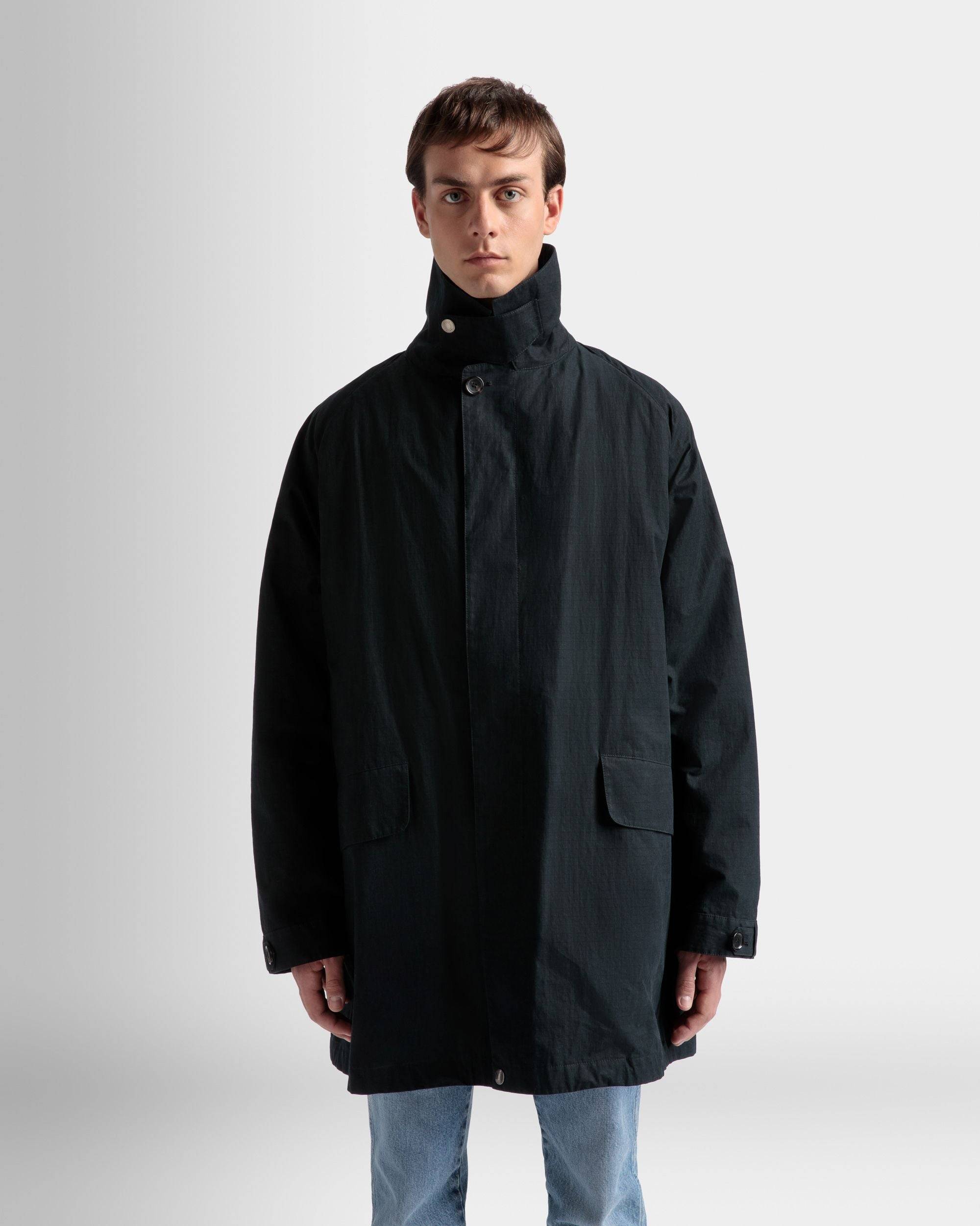 Duster Coat | Men's Coat | Black Polyamide | Bally | On Model Close Up