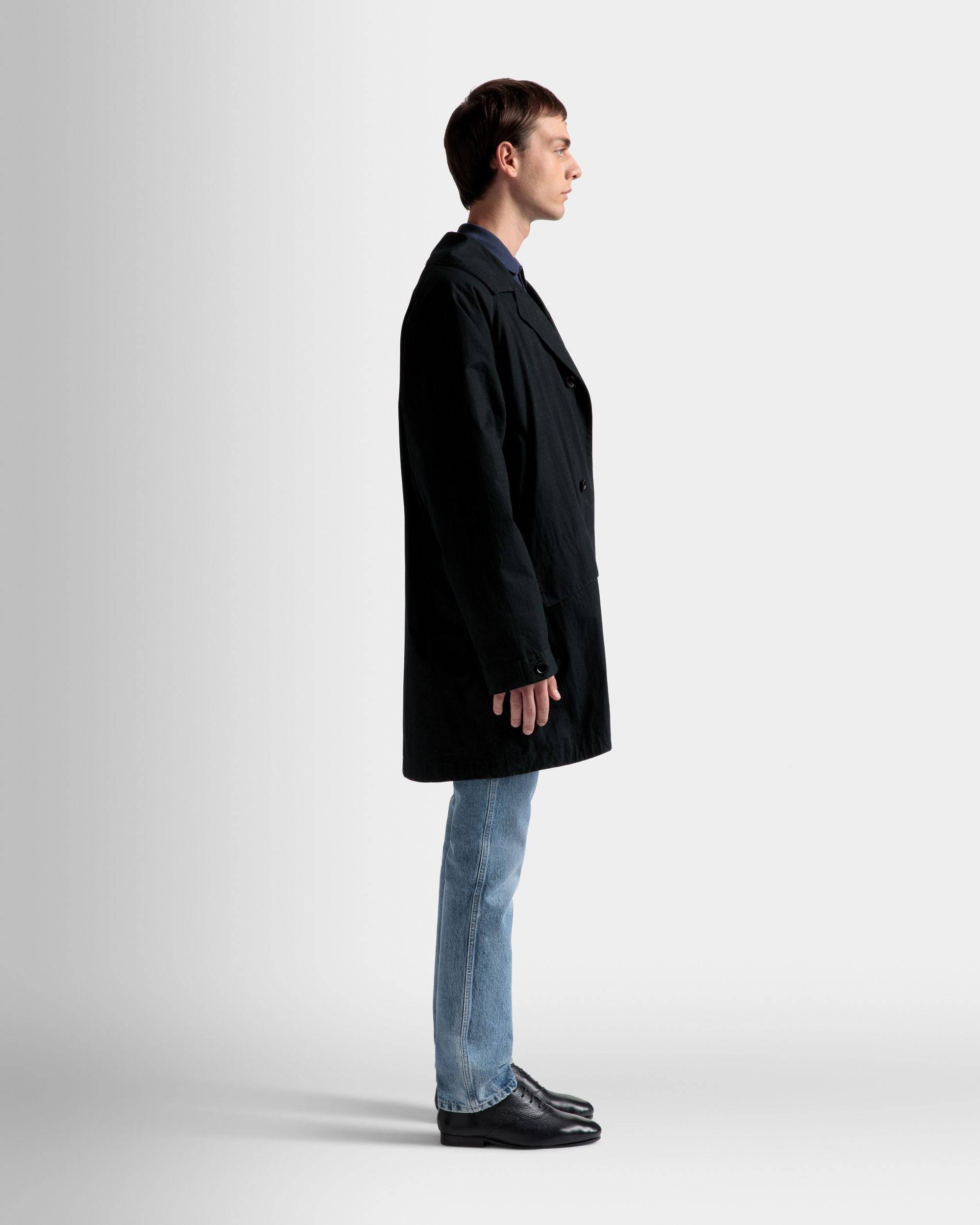 Duster Coat | Men's Coat | Black Polyamide | Bally | On Model 3/4 Front