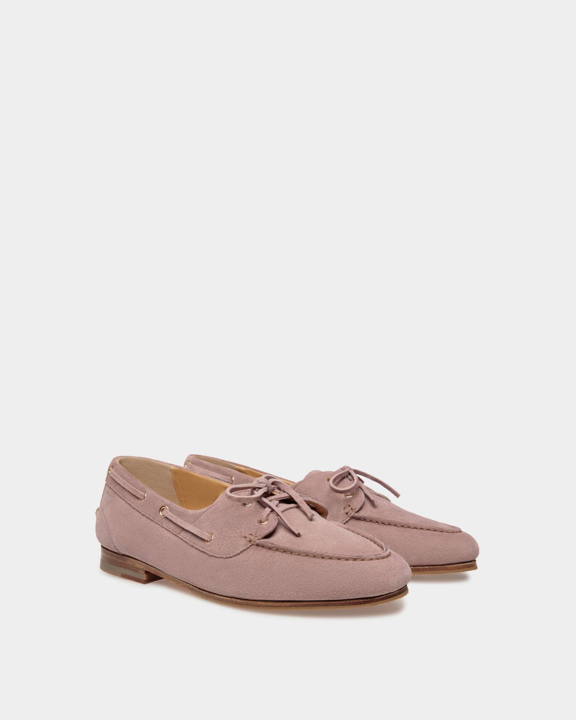 Plume | Men's Moccasin in Light Mauve Suede| Bally | Still Life 3/4 Front