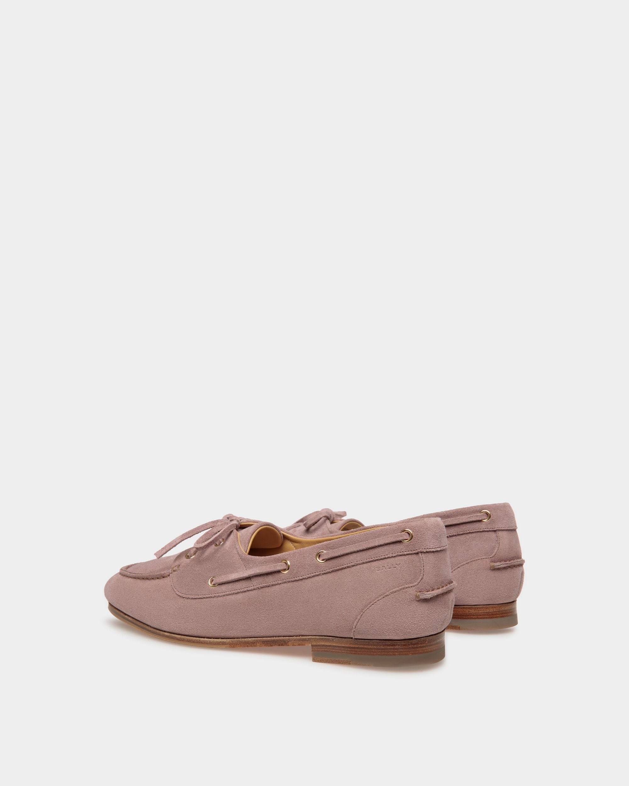 Plume | Men's Moccasin in Light Mauve Suede| Bally | Still Life 3/4 Back