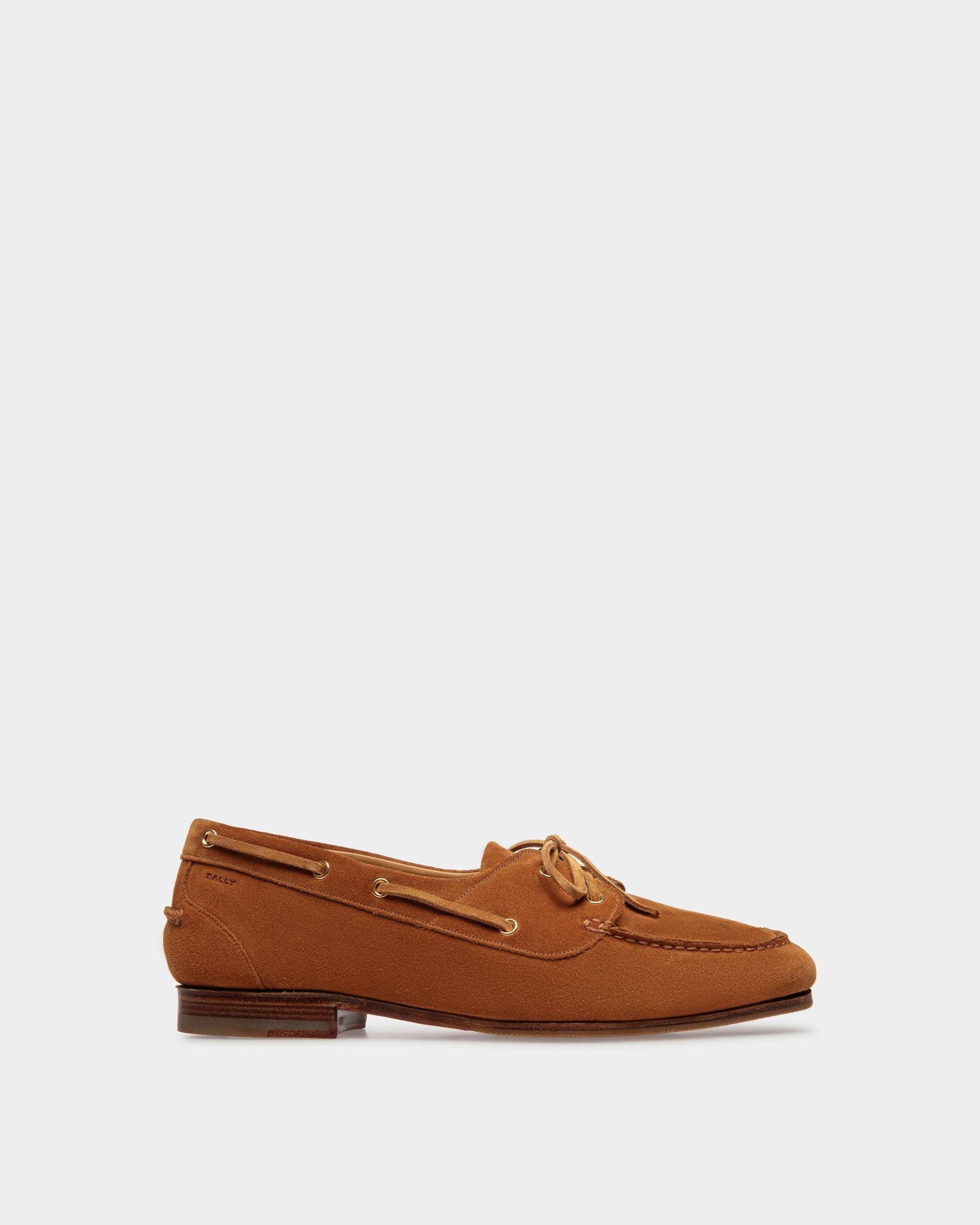 Men's Plume Moccasin in Brown Suede | Bally | Still Life Side