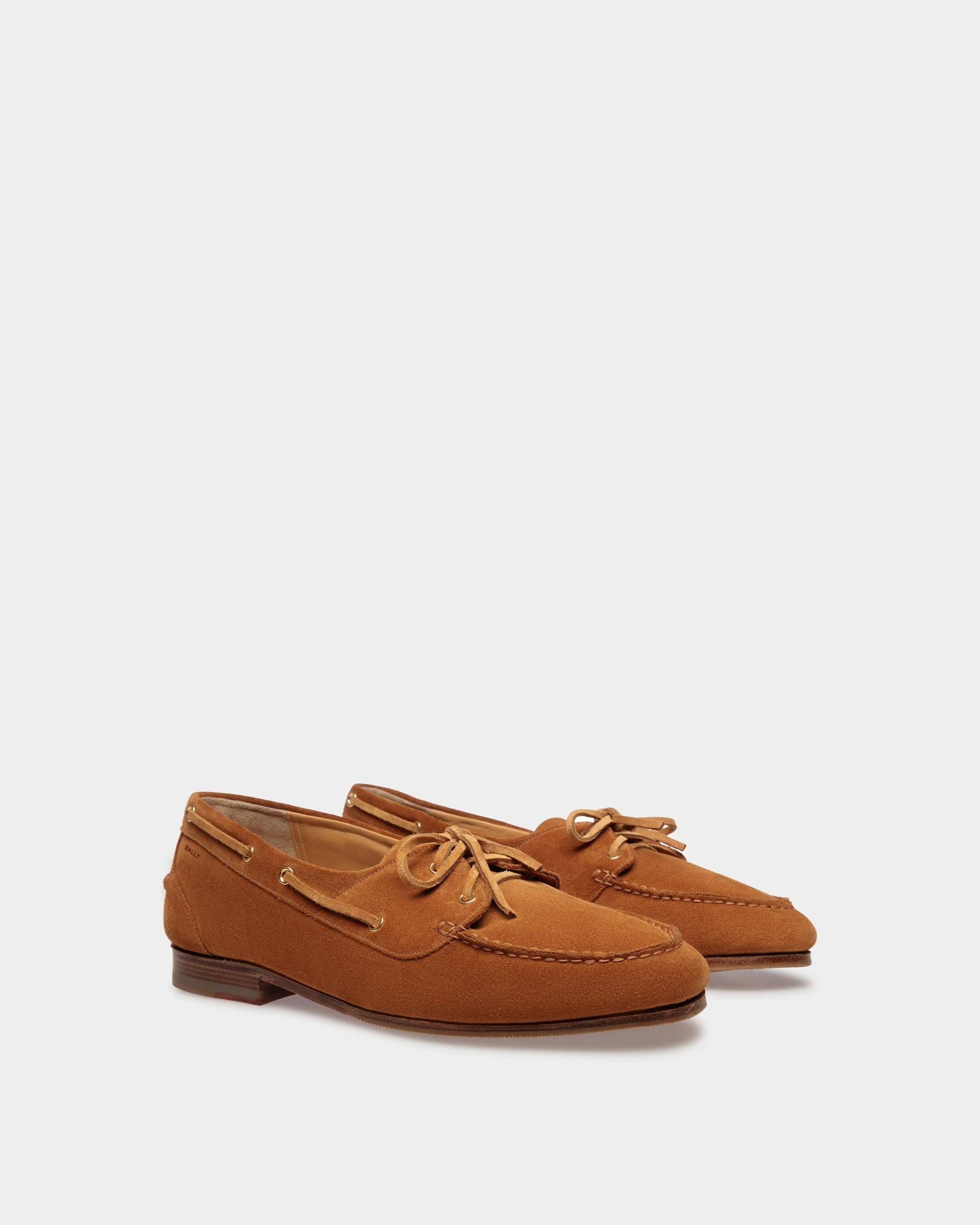 Plume | Men's Moccasin in Brown Suede| Bally | Still Life 3/4 Front