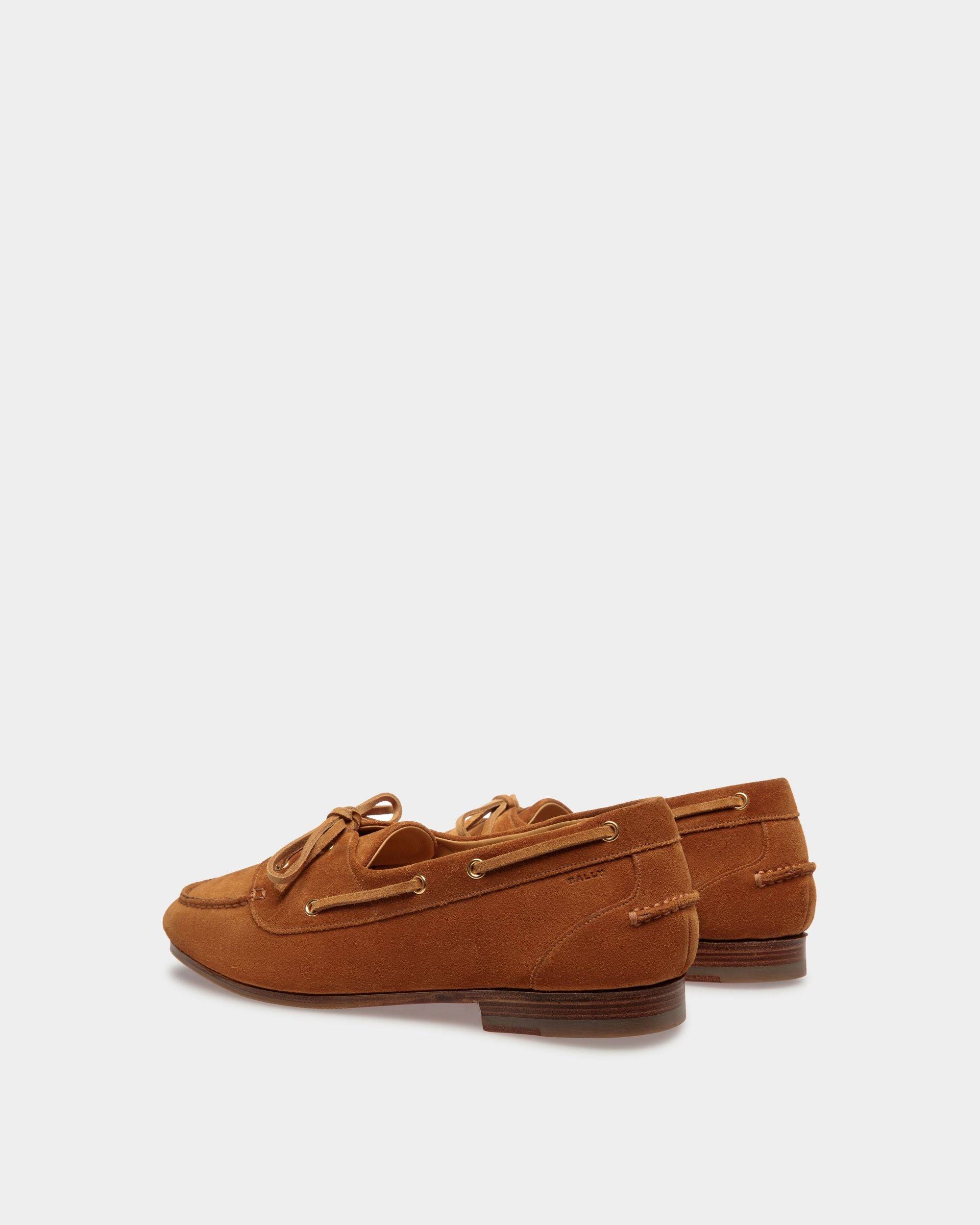 Plume | Men's Moccasin in Brown Suede| Bally | Still Life 3/4 Back