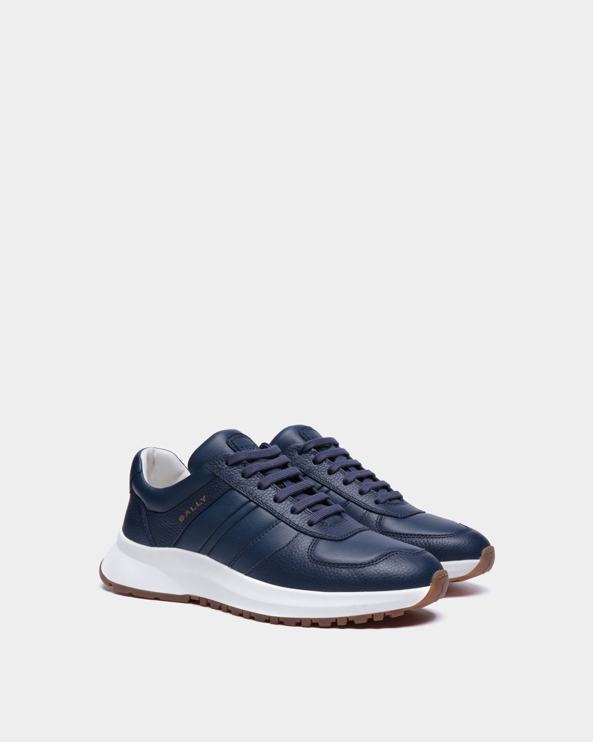 Outline | Men's Sneaker in Blue Grained Leather | Bally | Still Life 3/4 Front