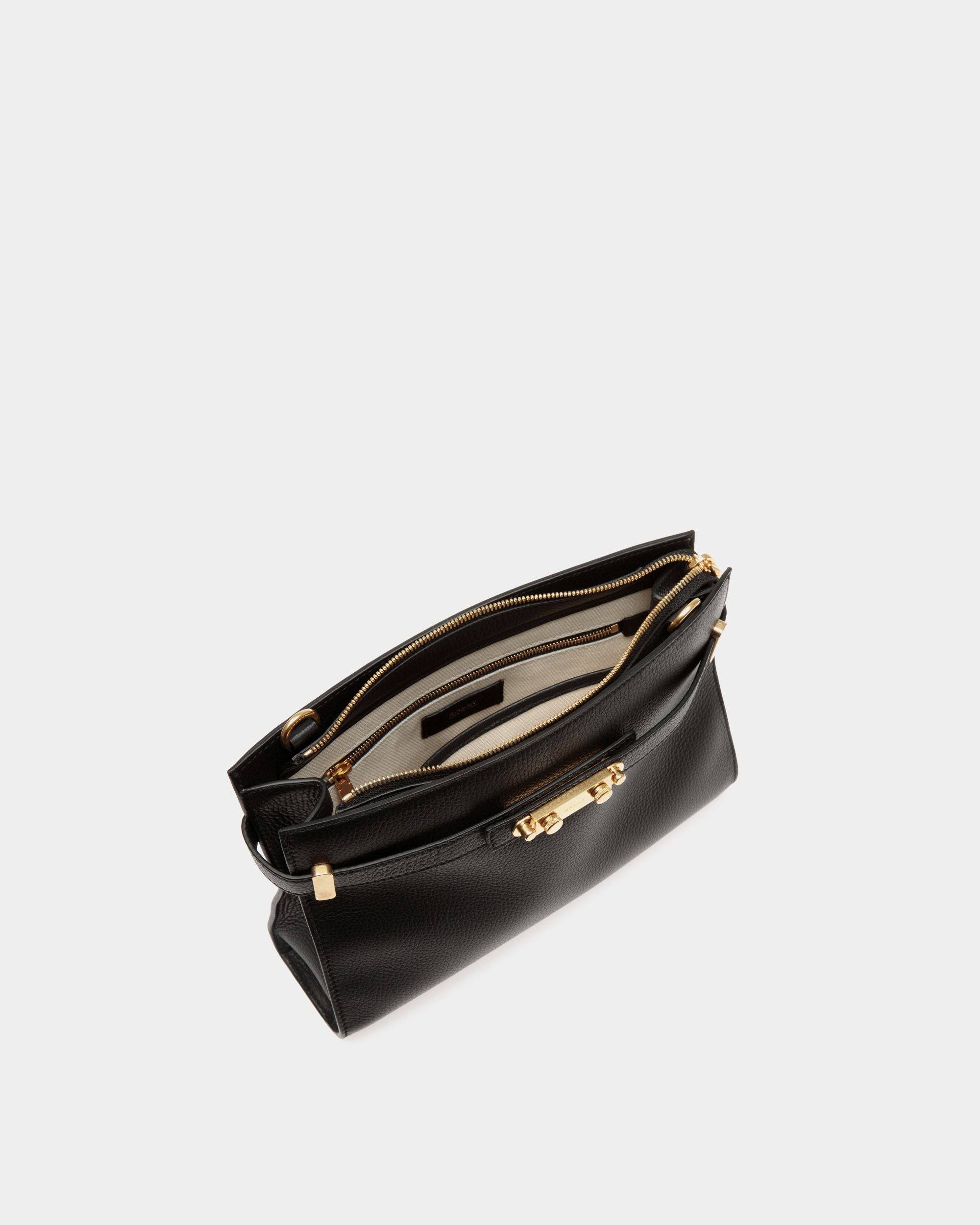 Carriage | Women's Shoulder Bag in Black Grained Leather | Bally | Still Life Open / Inside