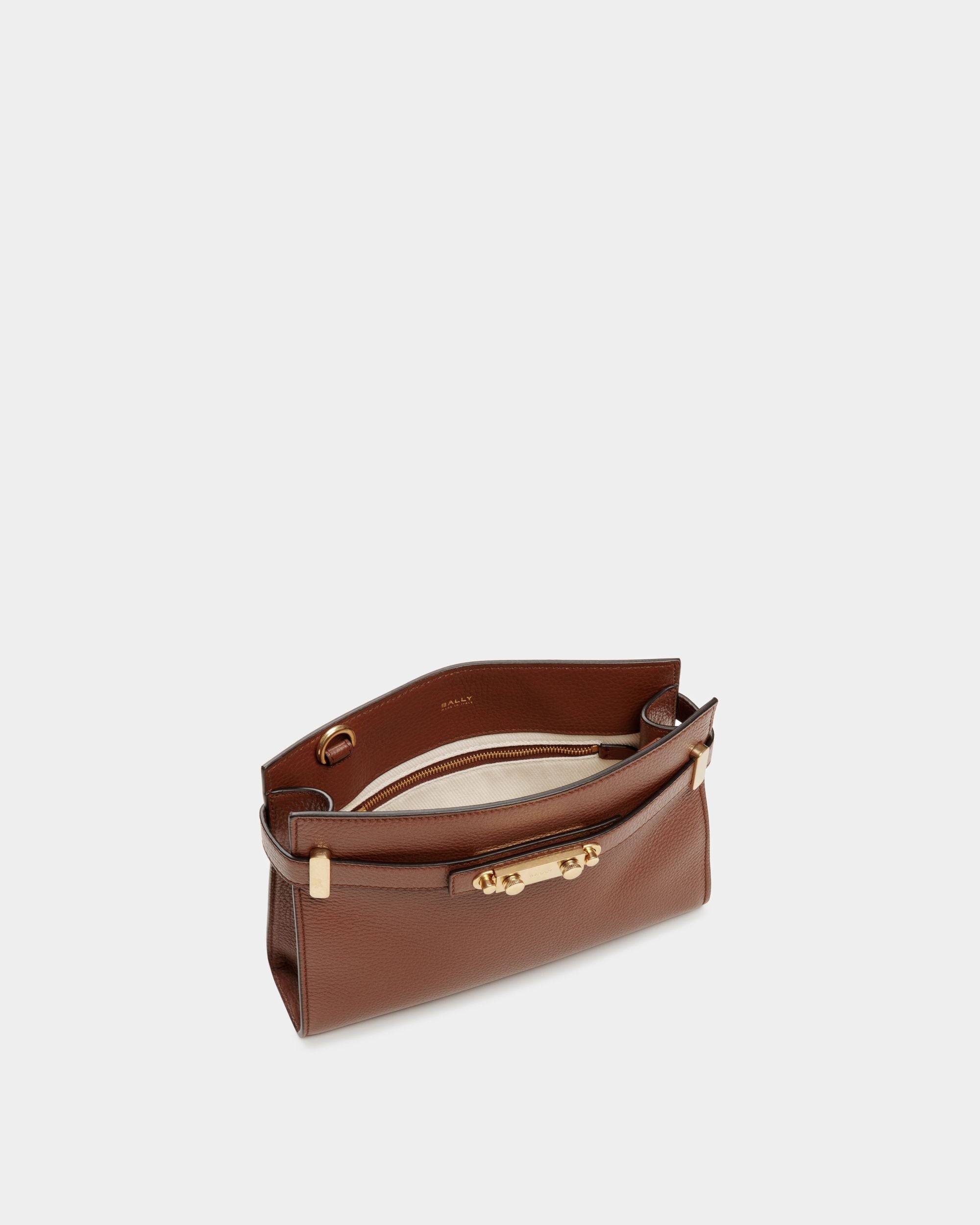 Carriage | Women's Crossbody Bag in Brown Grained Leather | Bally | Still Life Open / Inside