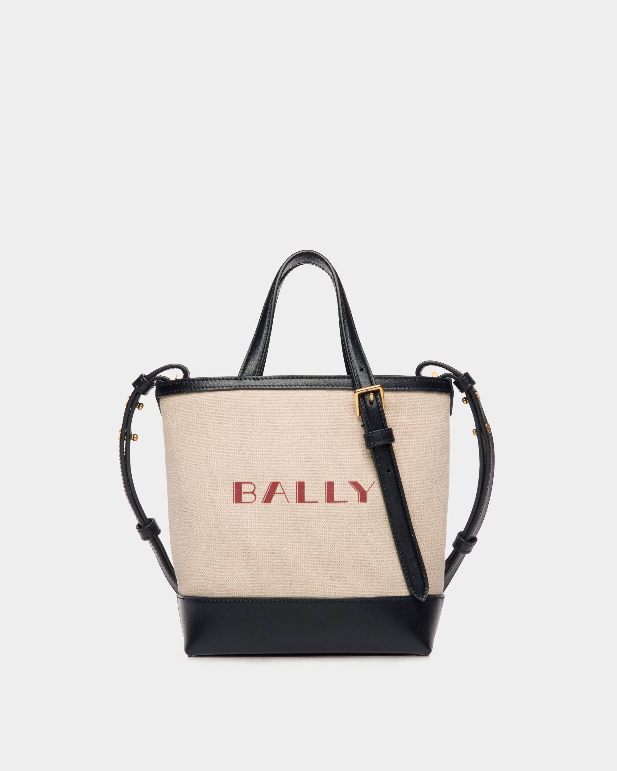 Women s Summer Capsule Small Tote Bag In Natural And Navy Blue Canvas And Leather Bally