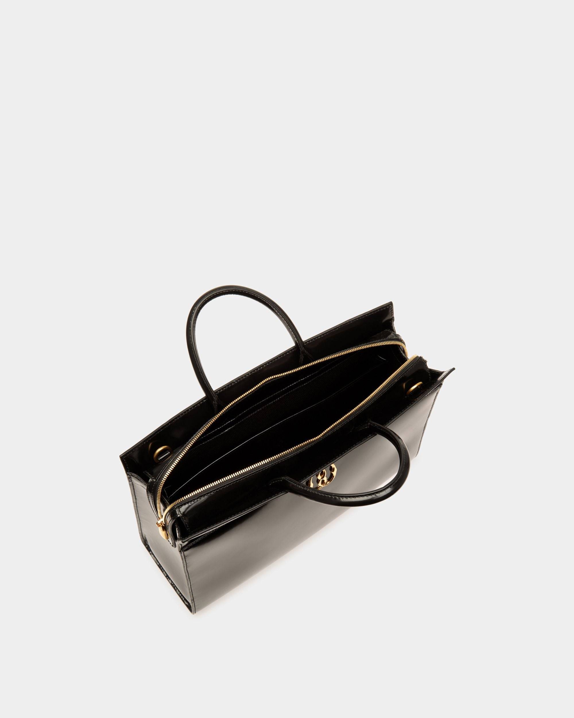 Emblem | Women's Tote Bag in Black Brushed Leather | Bally | Still Life Open / Inside
