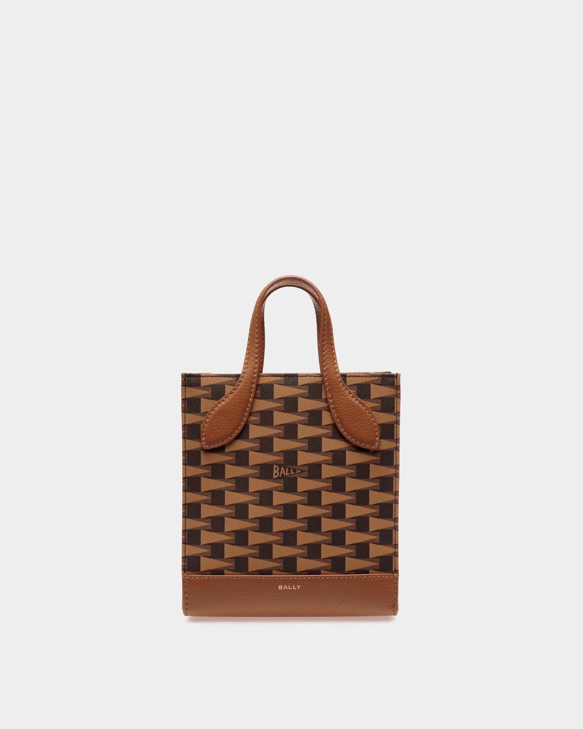 Pennant | Women's Mini Tote Bag in Brown Pennant Motif TPU | Bally | Still Life Front