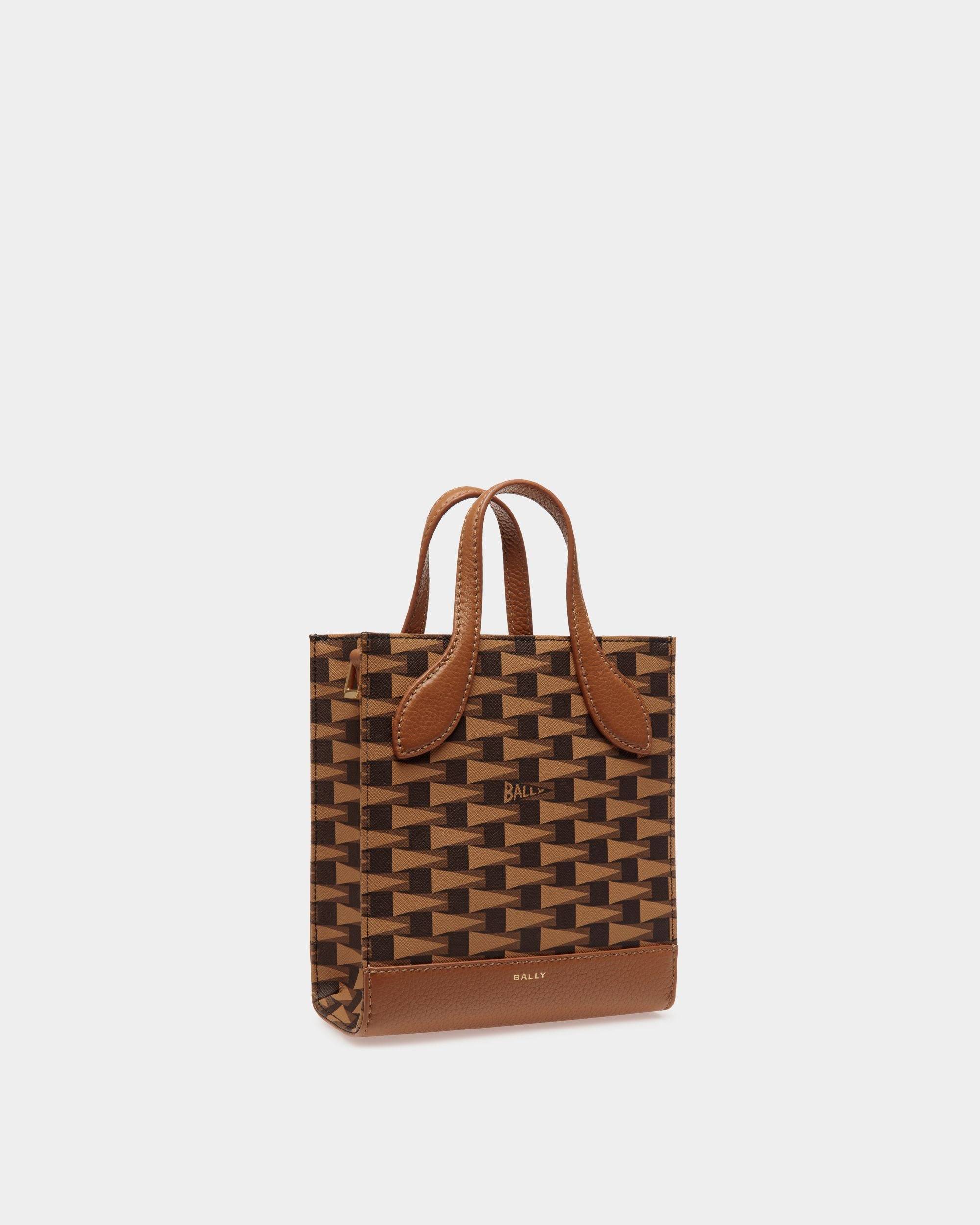 Pennant | Women's Mini Tote Bag in Brown Pennant Motif TPU | Bally | Still Life 3/4 Front