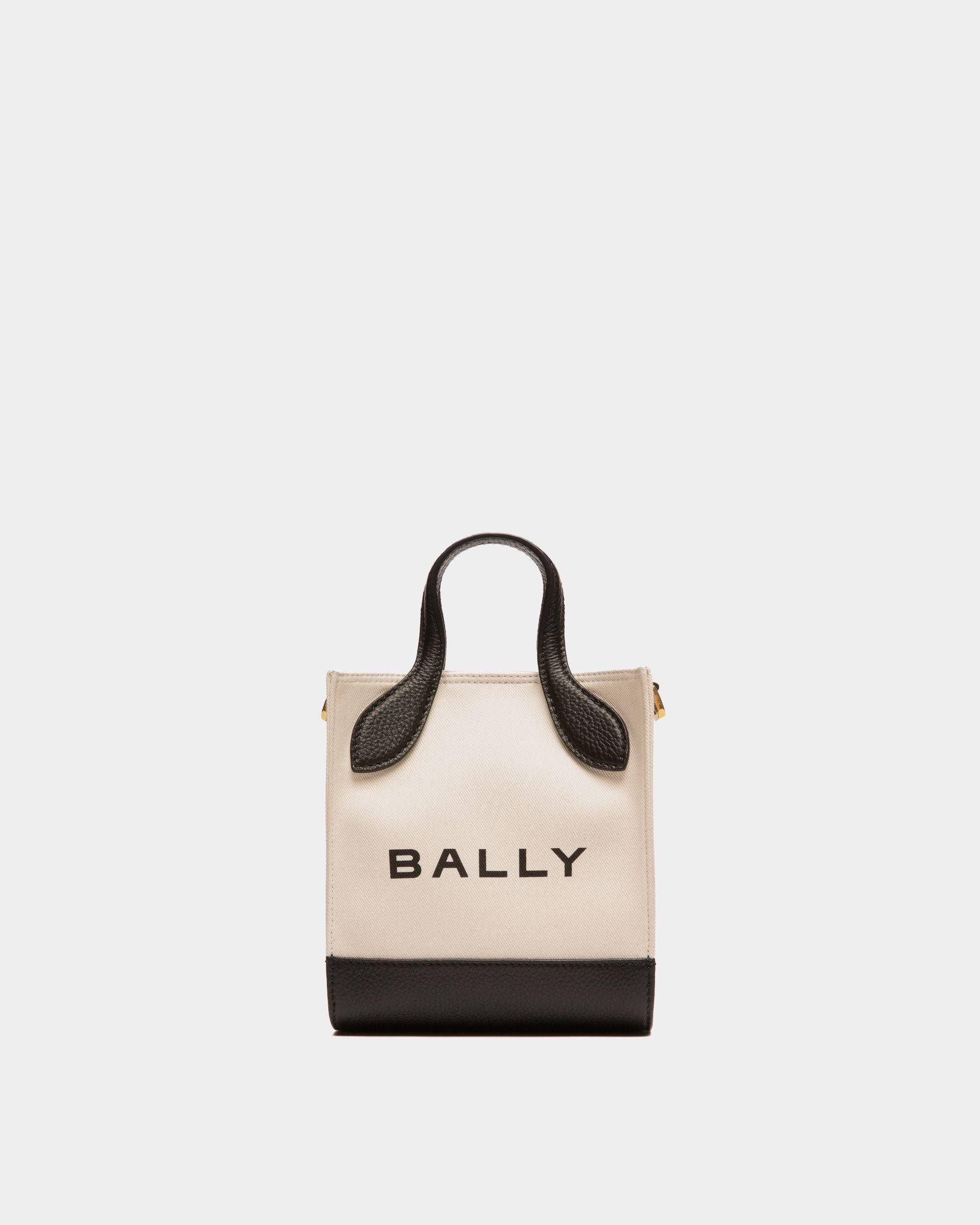 Bar | Women's Mini Tote Bag in Neutral And Black Canvas And Leather | Bally | Still Life Front