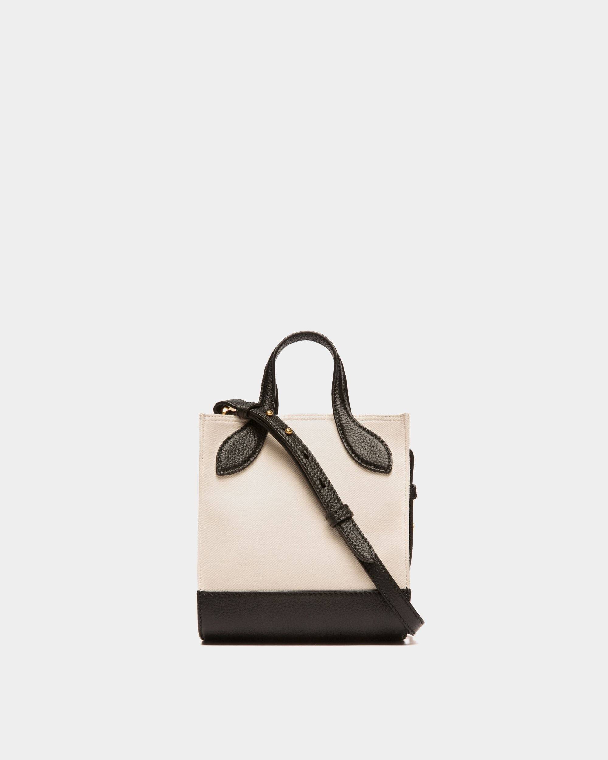 Bar | Women's Mini Tote Bag in Neutral And Black Canvas And Leather | Bally | Still Life Back