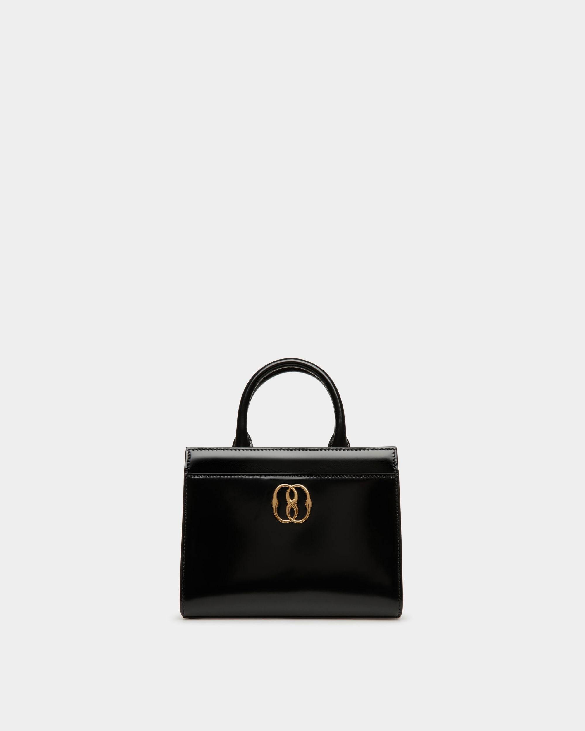 Emblem | Women's Small Tote Bag in Black Brushed Leather | Bally | Still Life Front