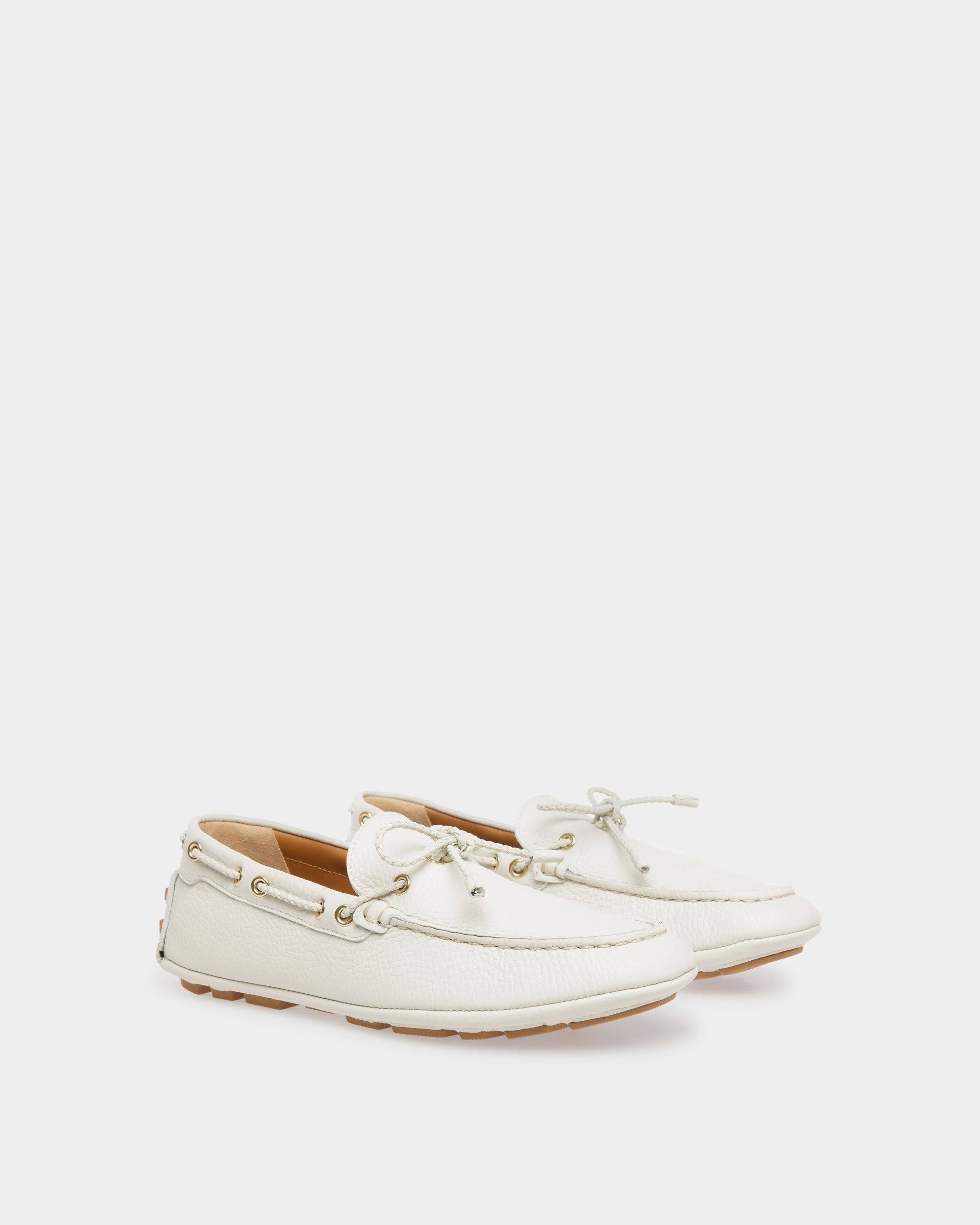 Kyan | Women's Drivers | Dusty White Leather | Bally | Still Life 3/4 Front