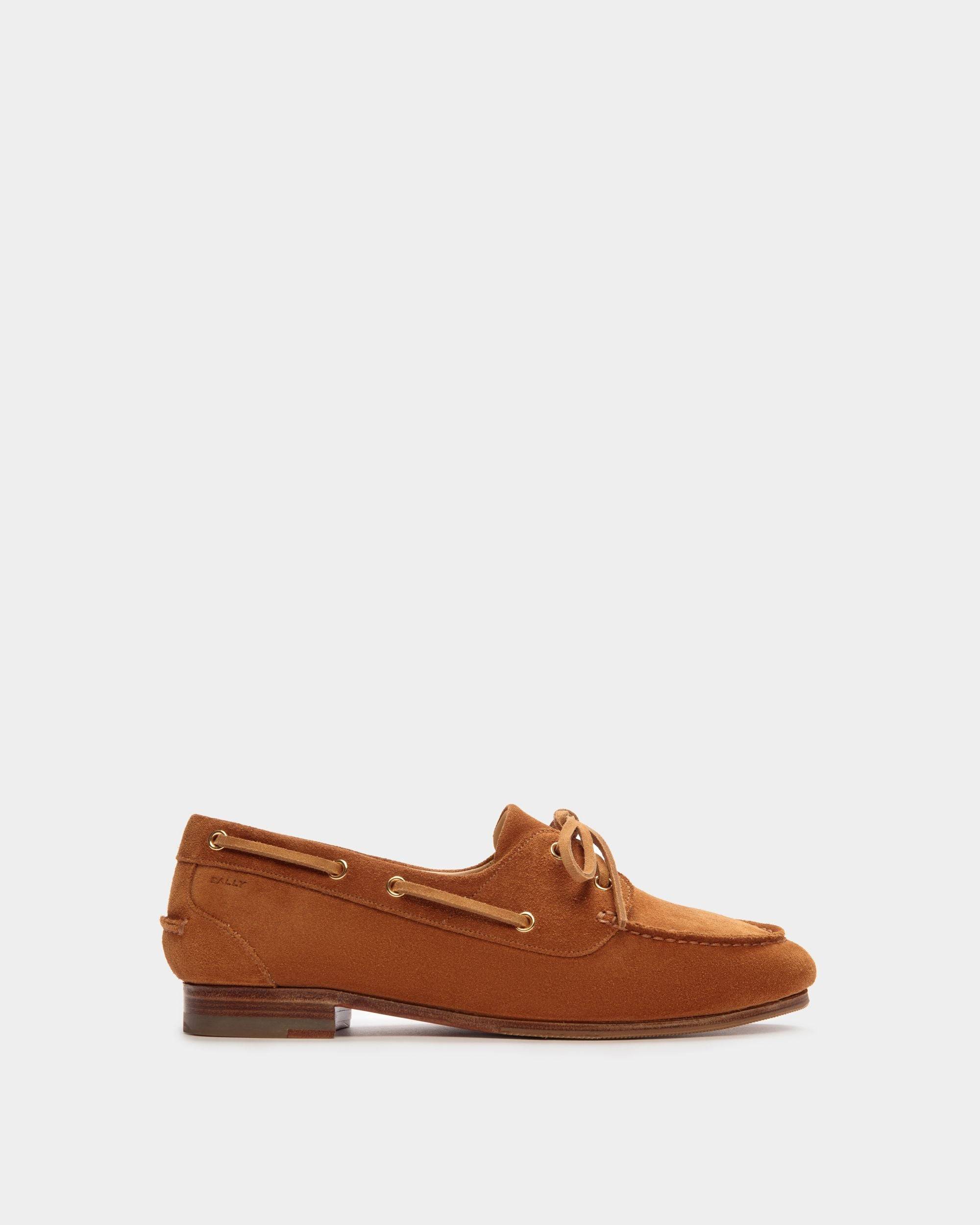 Women's Plume Moccasin in Brown Suede | Bally | Still Life Side