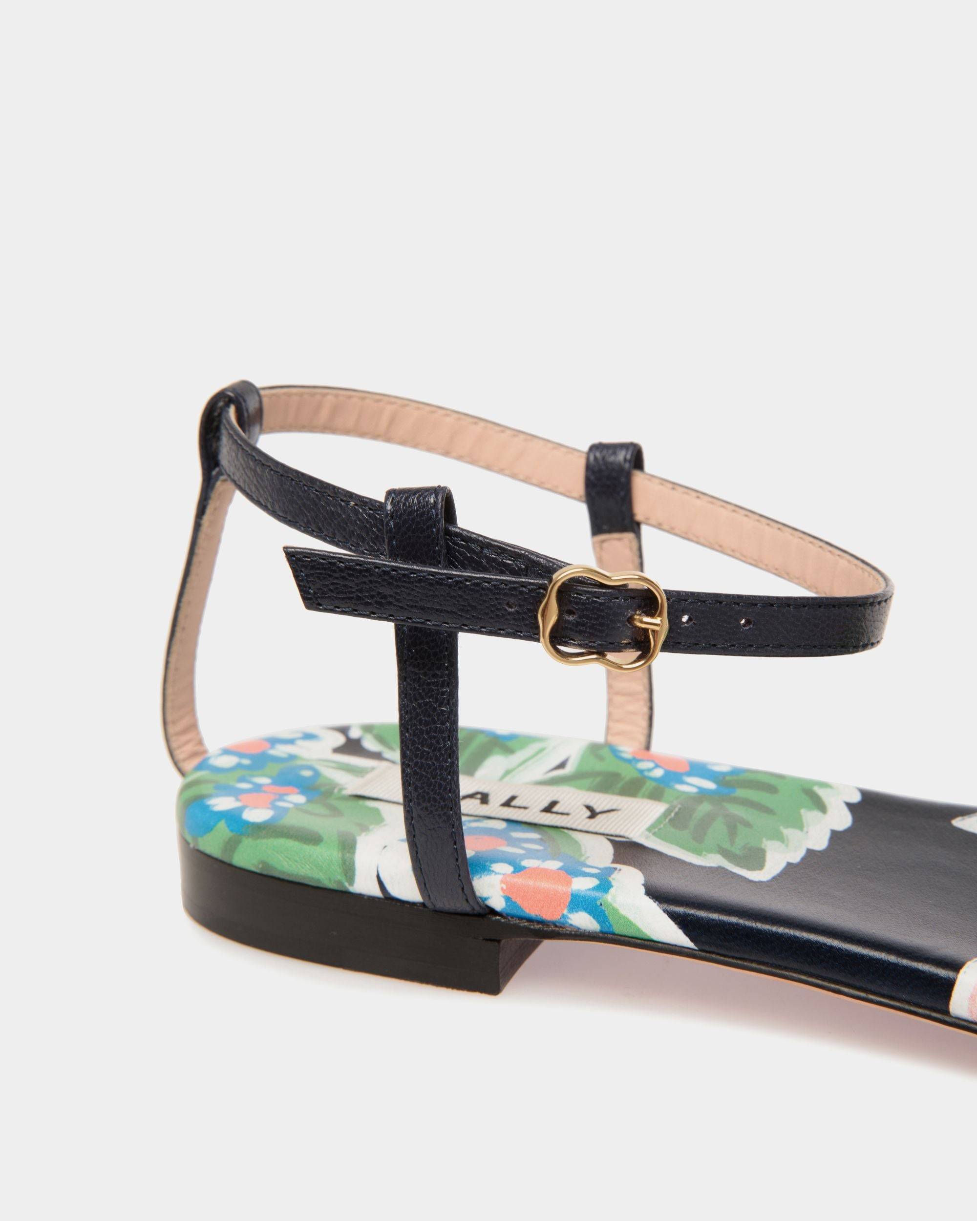 Katy | Women's Flat Sandal in Strawberry Print Brushed Leather | Bally | Still Life Detail