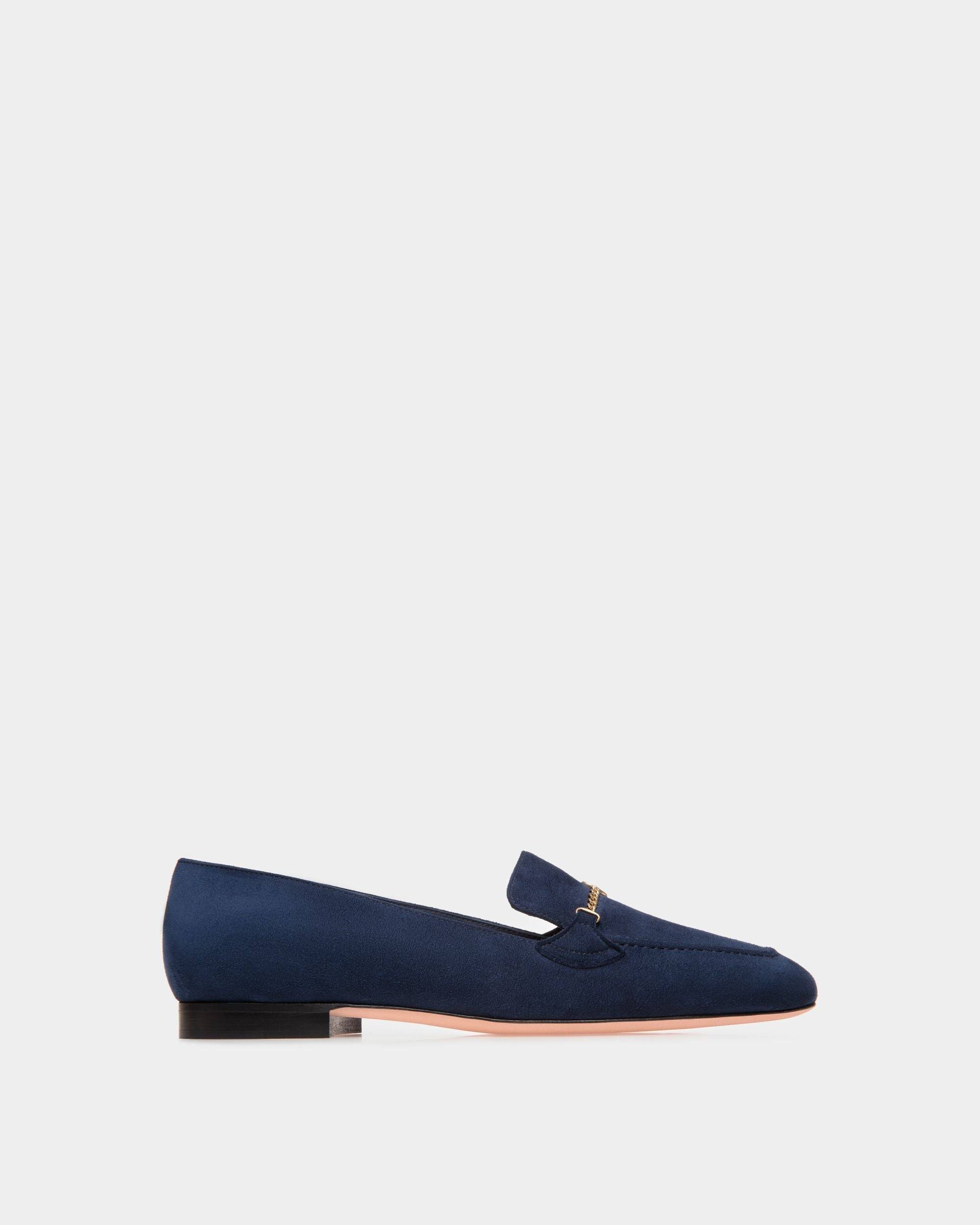 Daily Emblem | Women's Loafer in Blue Suede | Bally | Still Life Side