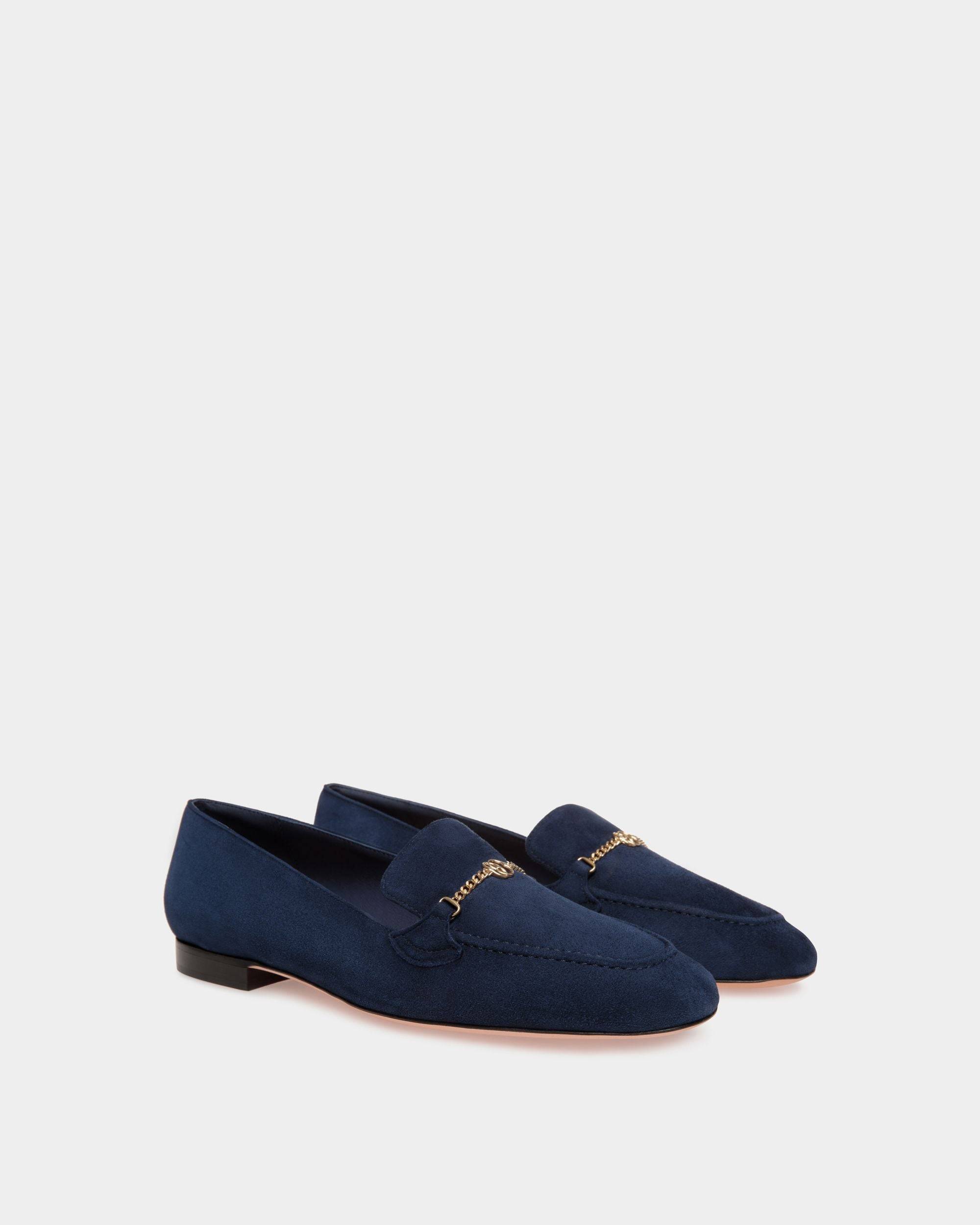Daily Emblem | Women's Loafer in Blue Suede | Bally | Still Life 3/4 Front