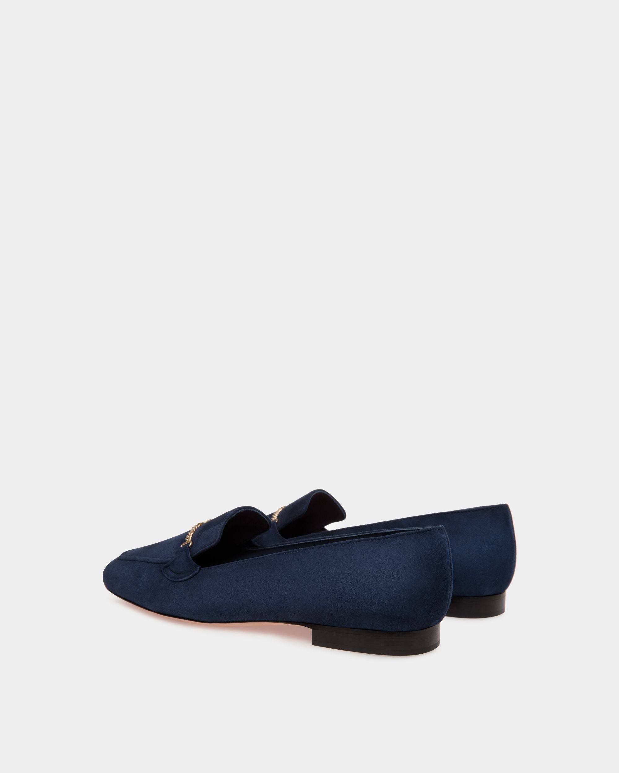 Daily Emblem | Women's Loafer in Blue Suede | Bally | Still Life 3/4 Back