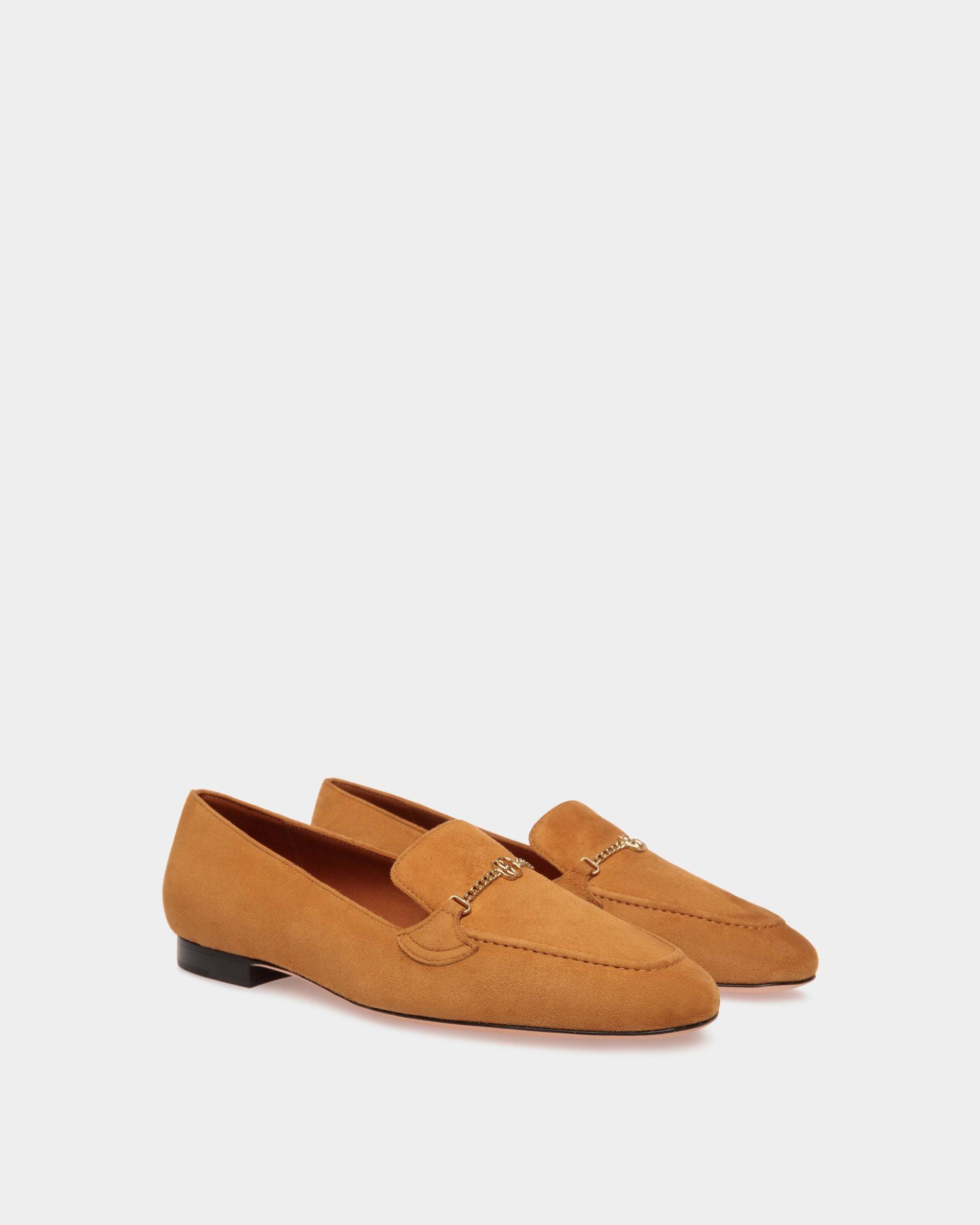 Daily Emblem | Women's Loafer in Brown Suede | Bally | Still Life 3/4 Front