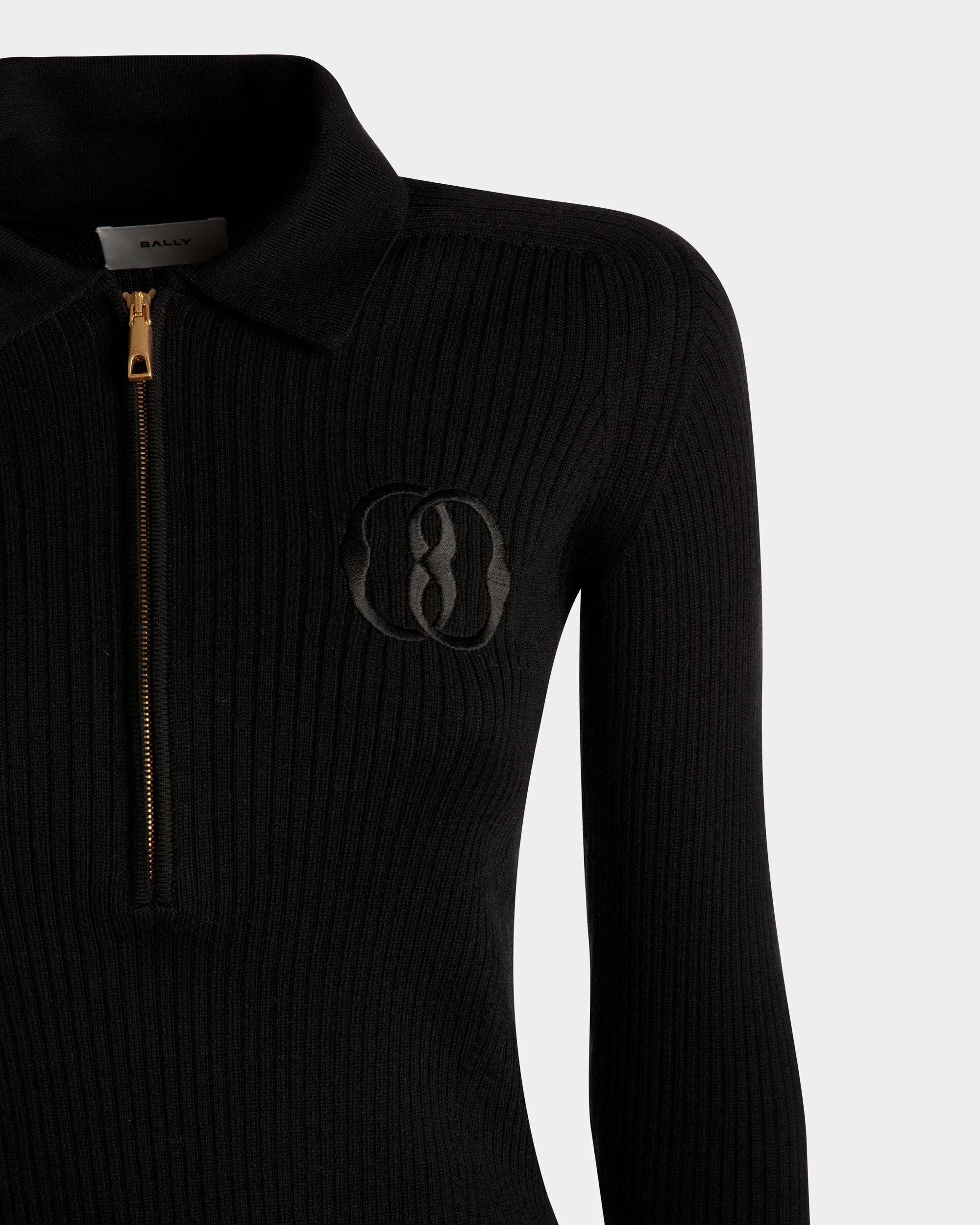 Long Sleeve Polo | Women's Polo Shirt | Black Wool | Bally | On Model Detail