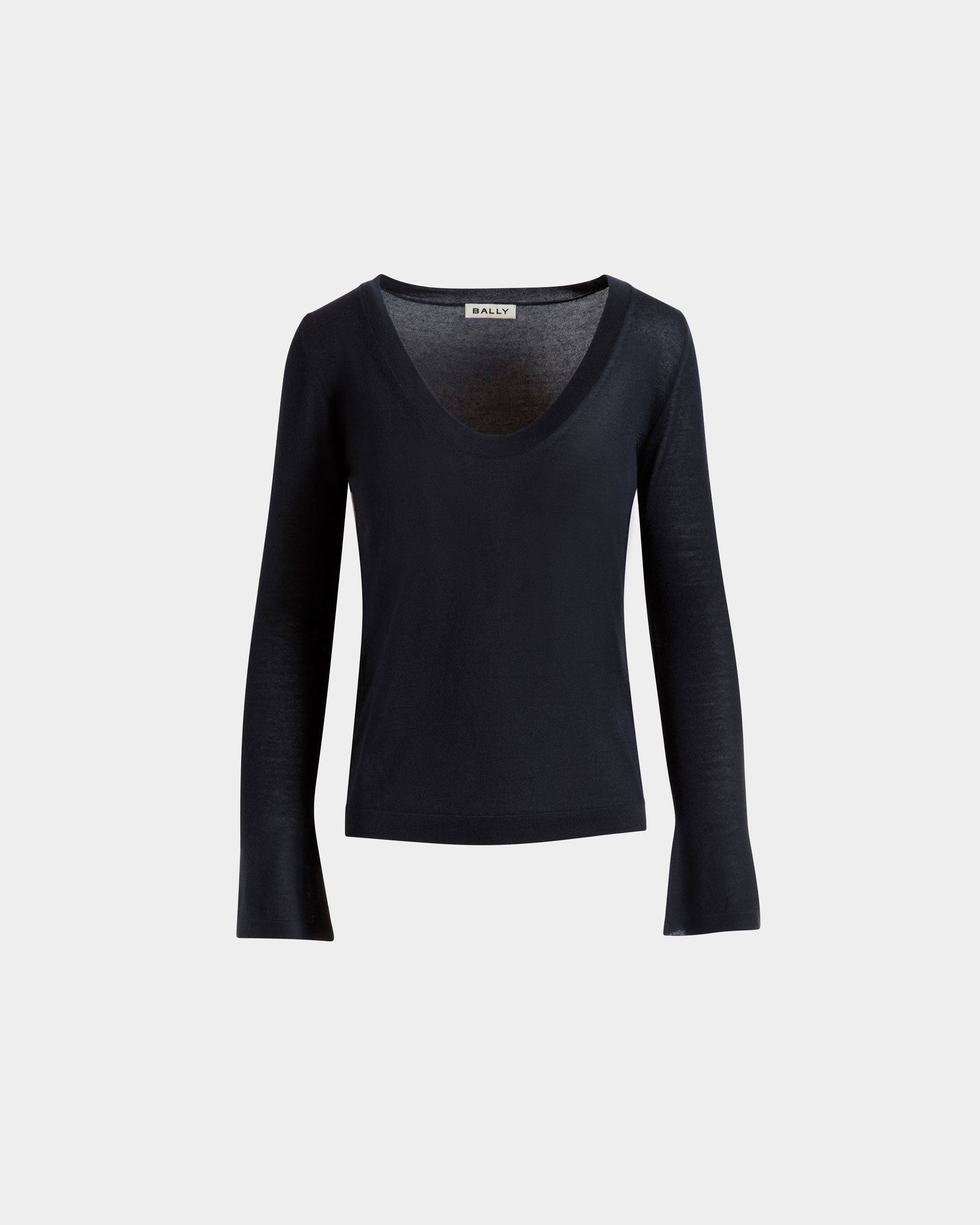 V-Neck Knit Top in Navy Blue Cashmere - Women's - Bally - 01