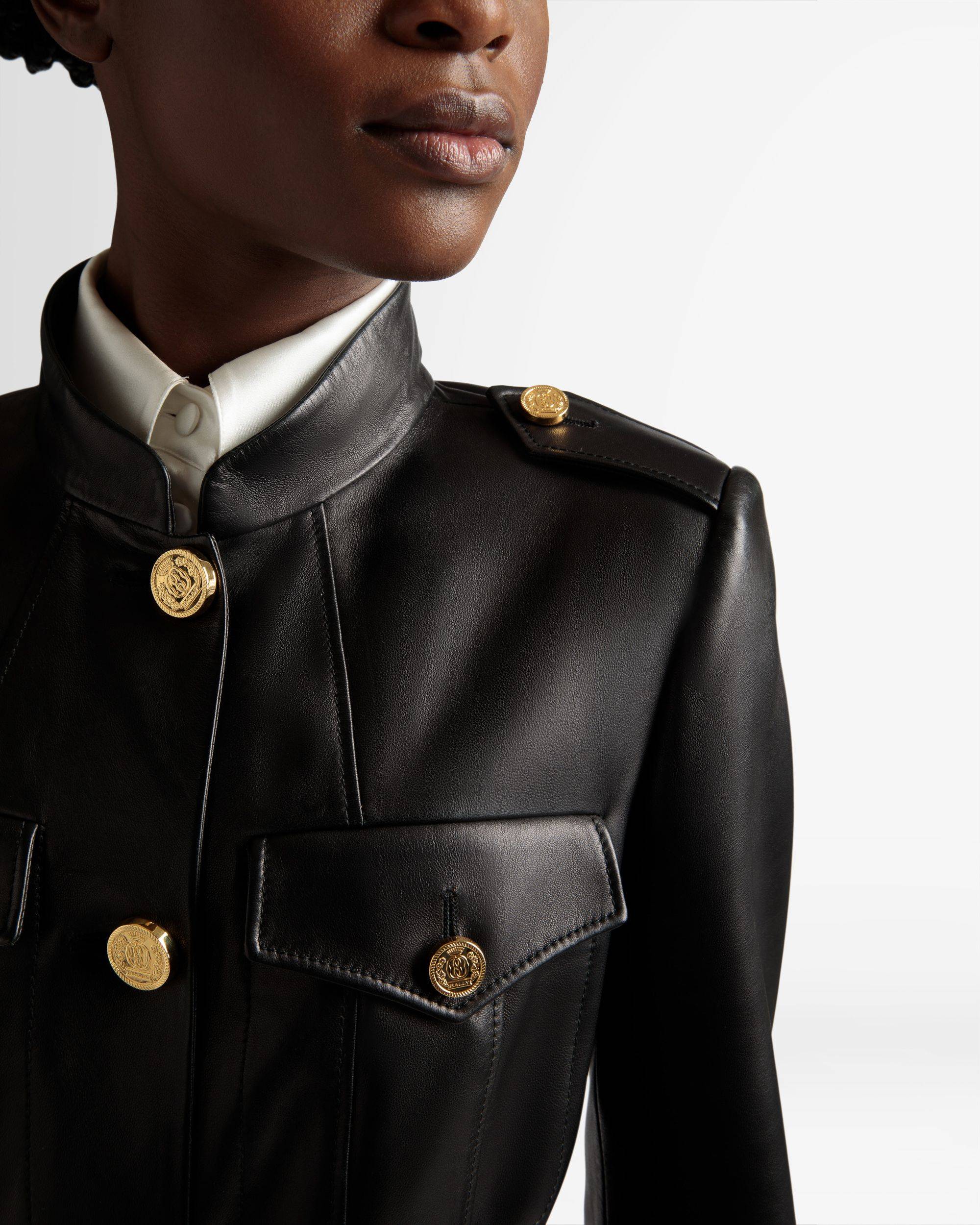 Belted Jacket | Women's Outerwear | Black Leather | Bally | On Model Detail