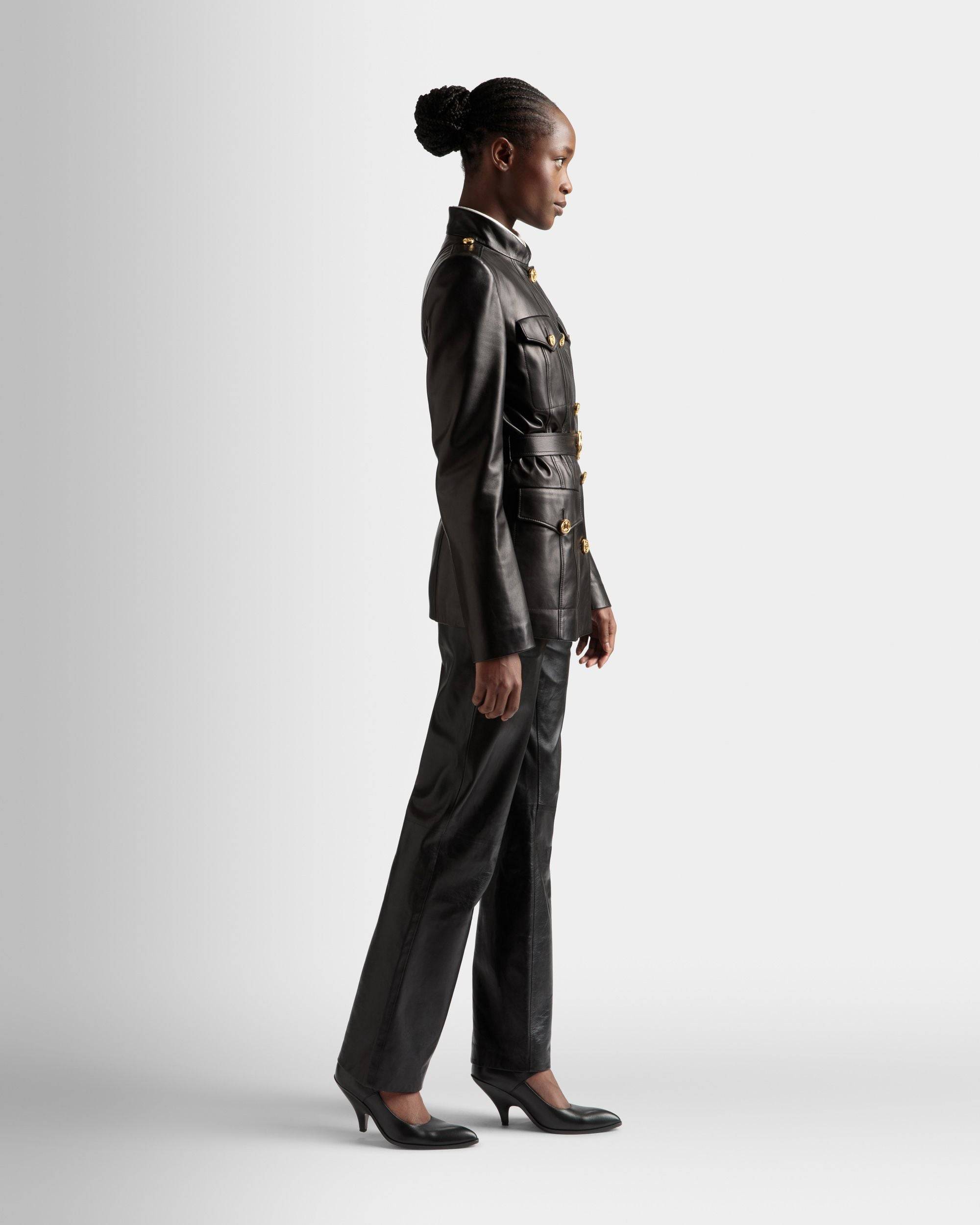 Belted Jacket | Women's Outerwear | Black Leather | Bally | On Model 3/4 Front