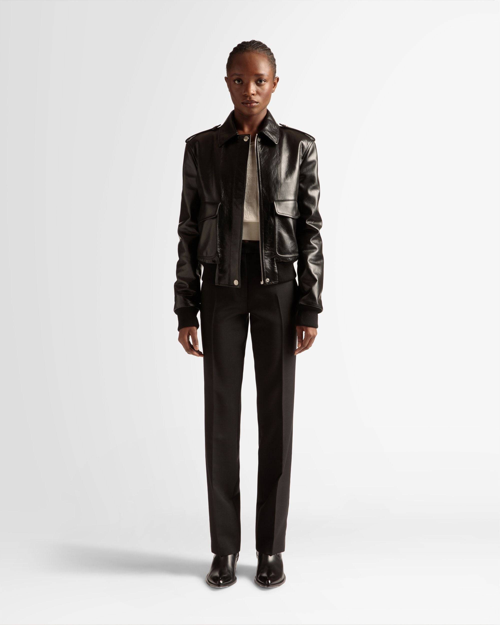 Bomber Jacket | Women's Outerwear | Black Leather | Bally | On Model Front