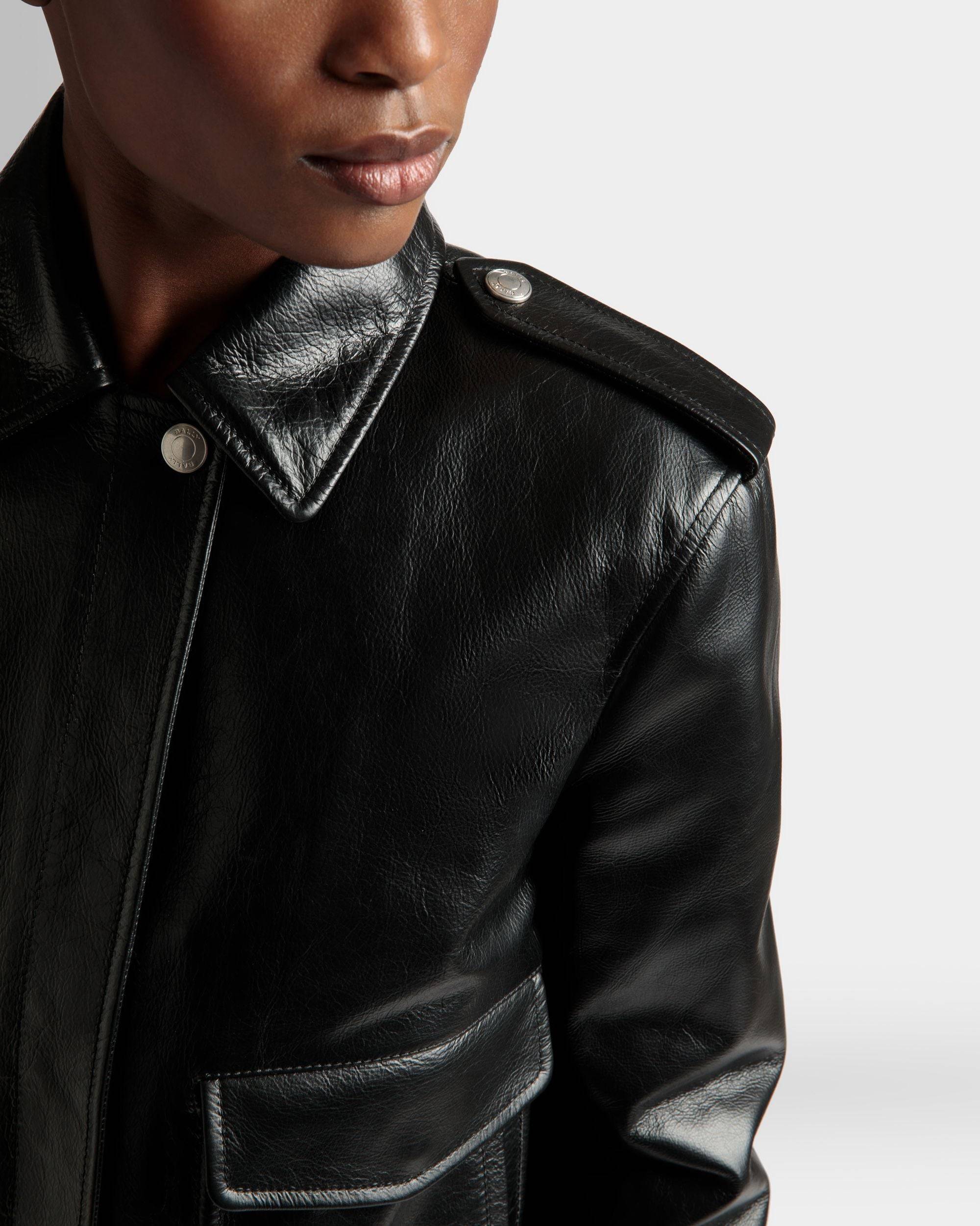 Bomber Jacket | Women's Outerwear | Black Leather | Bally | On Model Detail