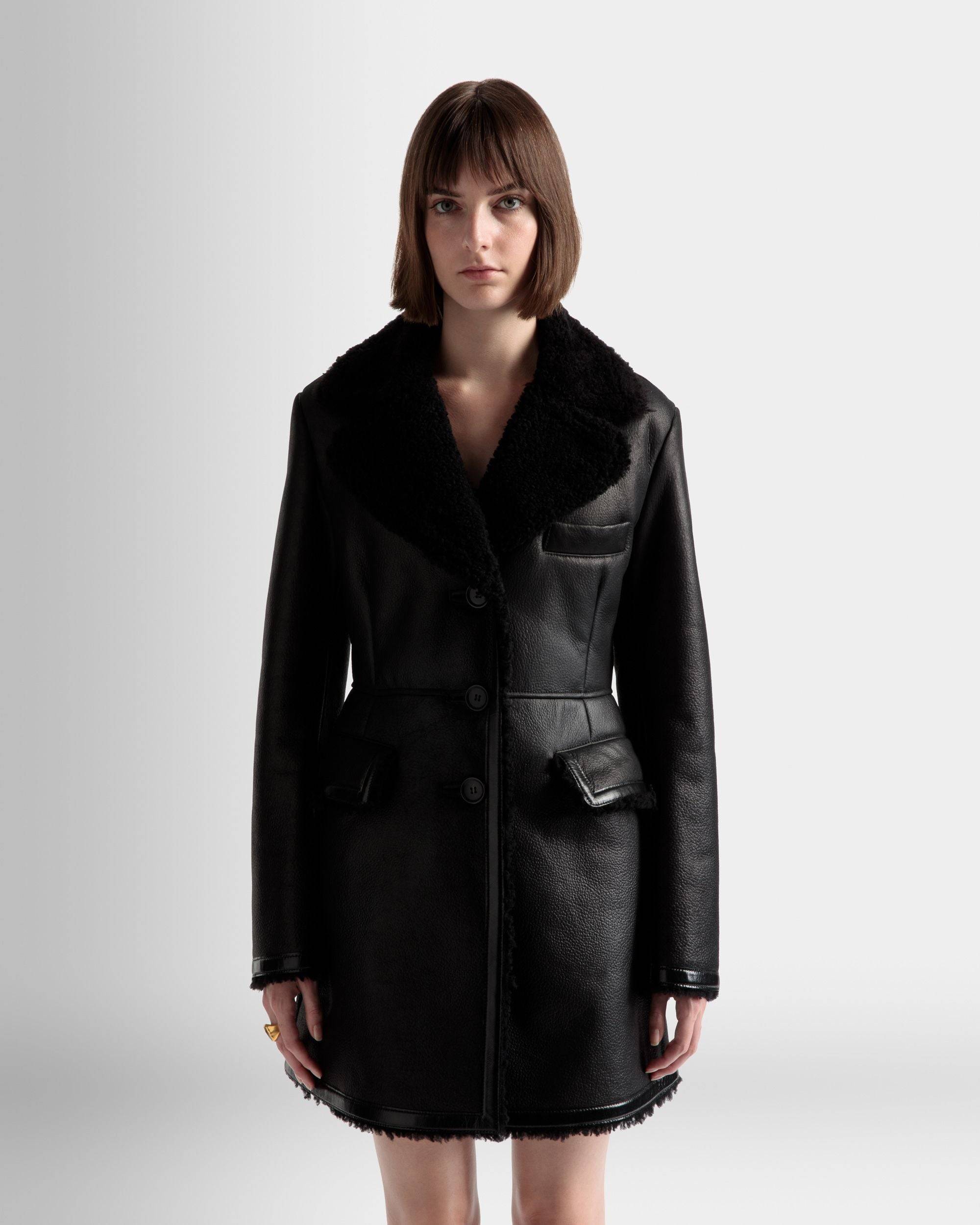 Wool-lined Coat | Women's Coat | Black Leather | Bally | On Model Close Up