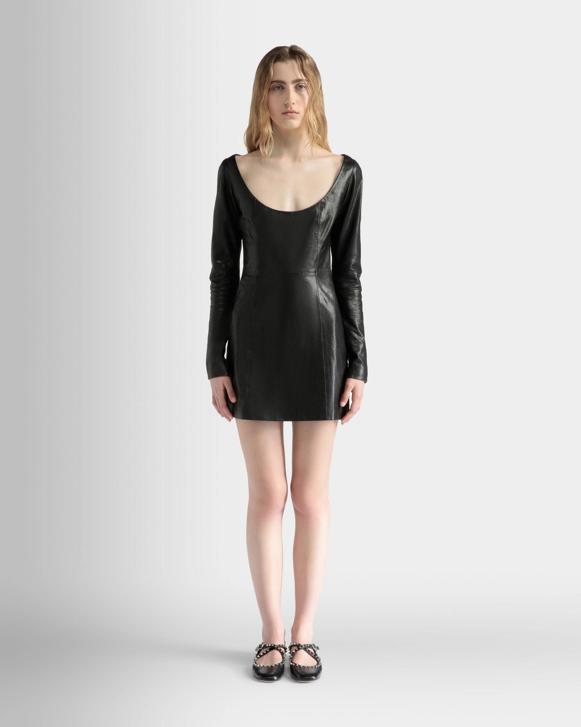 Long Sleeve Mini Dress in Black Leather - Women's - Bally - 02